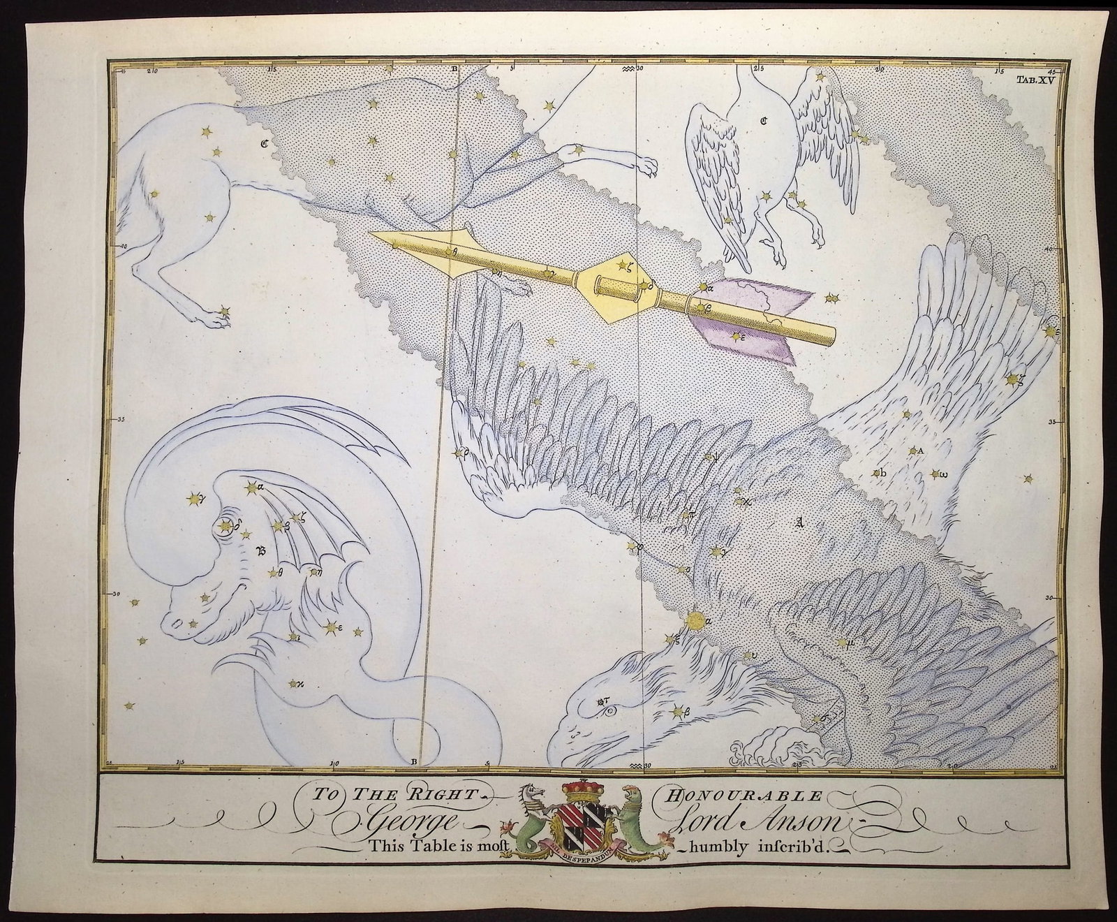 Bevis, Rare - Constellation or Star Chart of Eagle, Dolphin, Arrow: This rare constellation chart is from John Bevis's Uranographia; or the Celestial Atlas. It was published between 1747 and 1786 in London by John Neale. This engraving is from Bevis's "unpublished" st
