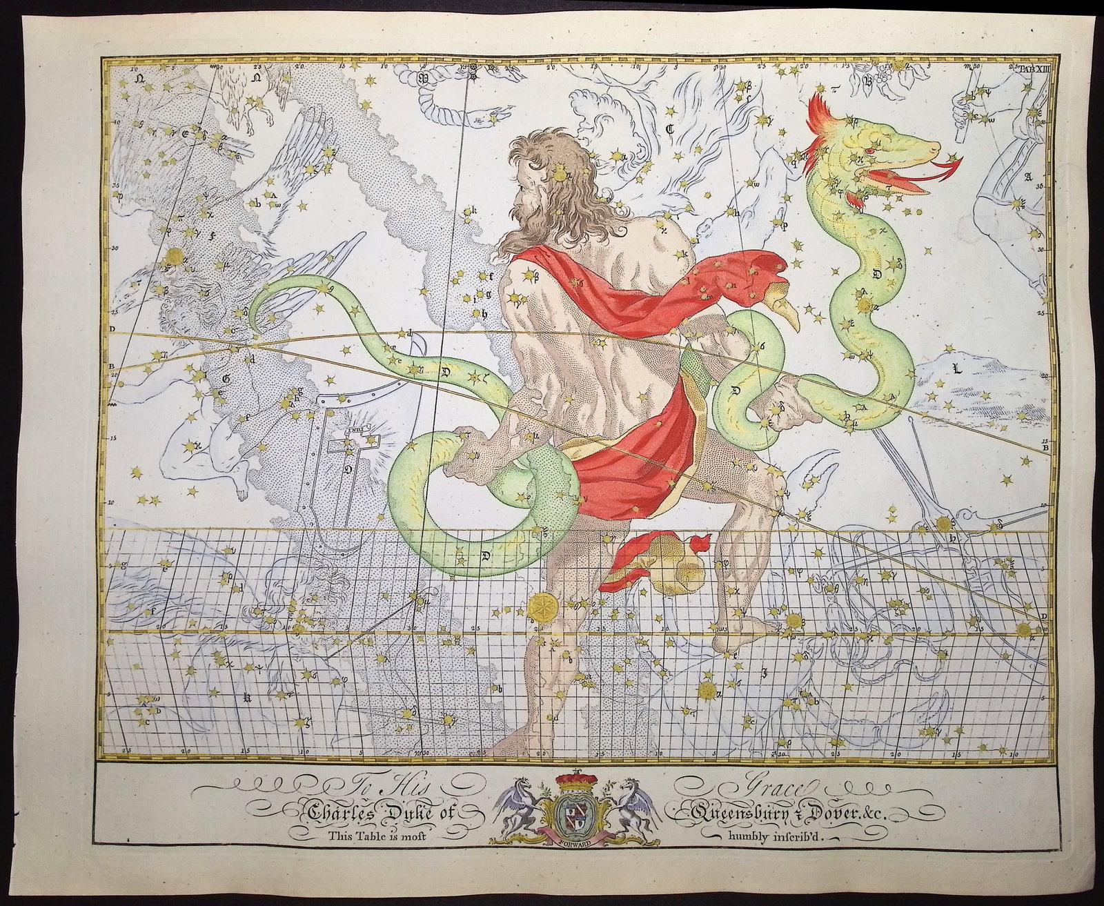 Bevis, Rare - Constellation or Star Chart of Ophiucus, Serpent Catcher: This rare constellation chart is from John Bevis's Uranographia; or the Celestial Atlas. It was published between 1747 and 1786 in London by John Neale. This engraving is from Bevis's "unpublished" st