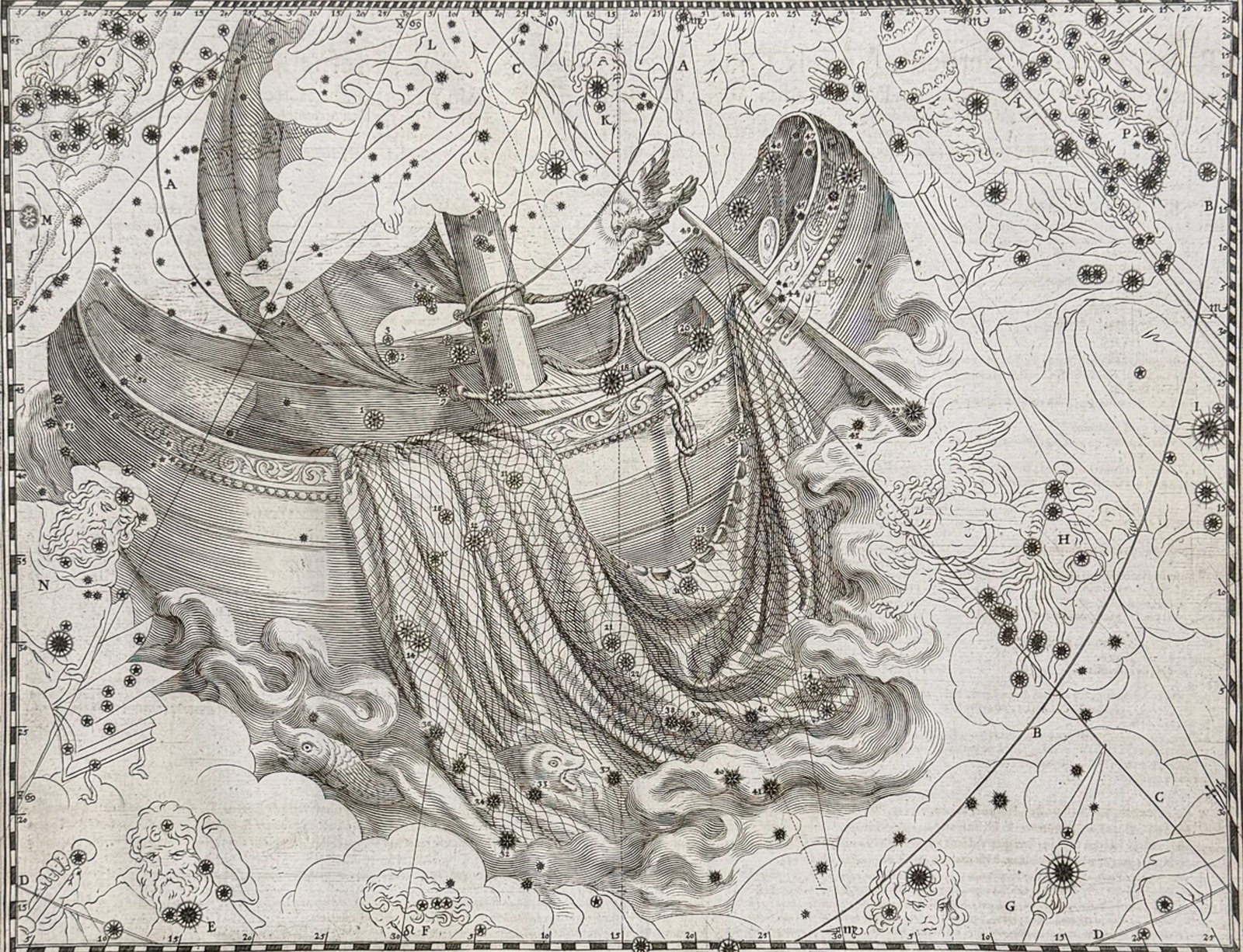 Schiller - Christianized Constellation of Ursa Major (Barque of Saint Peter the Apostle): This fascinating engraving is from Schiller?s " Coelum Stellatum Christianum ". It was published in Augsburg by Schiller in 1627. The plates were engraved by Lucas Kilian. Presented on the print is an