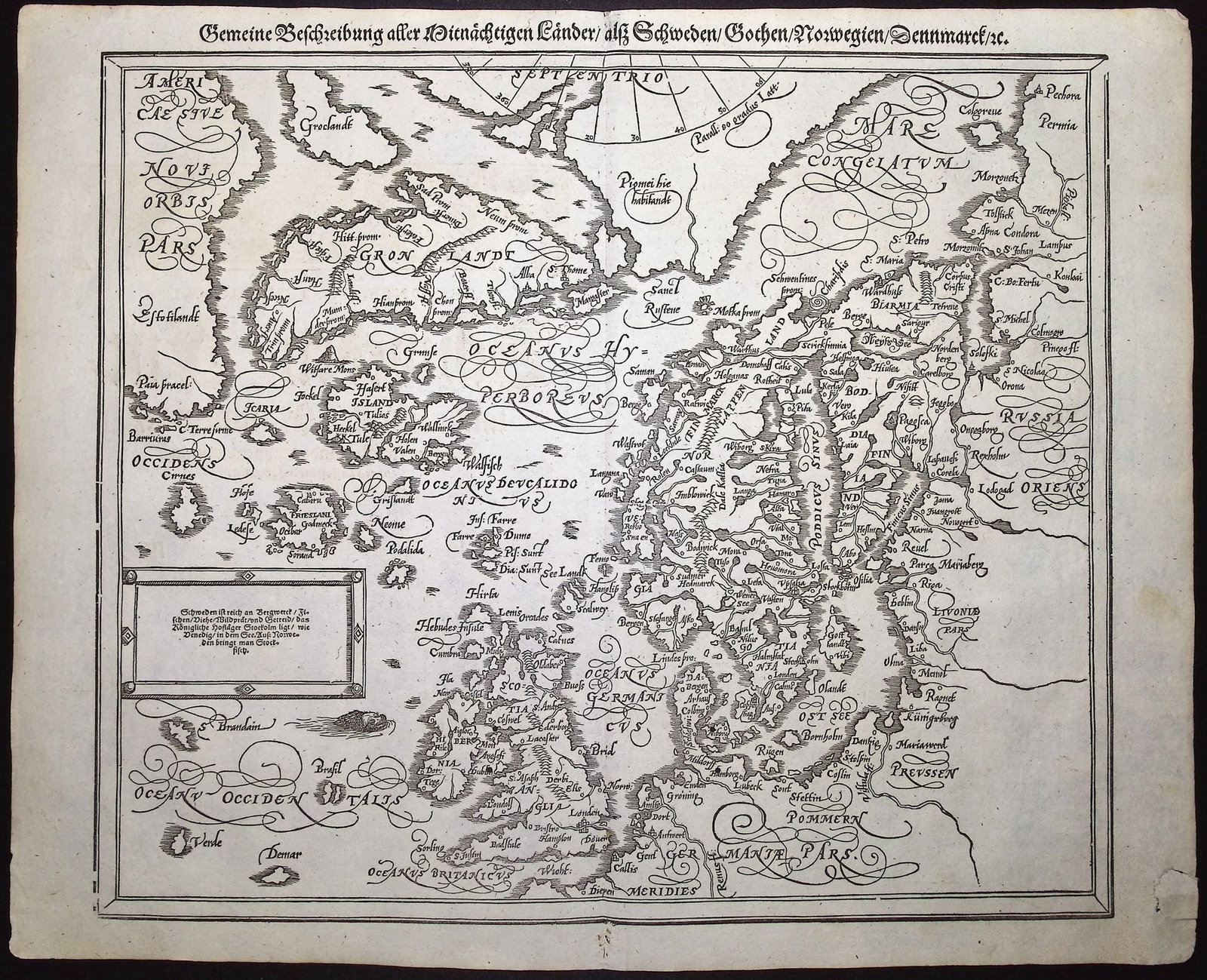 Munster, pub. 1598 - Map of the North Sea with Greenland, part of America, part of Europe: This very old woodcut is from Sebastian Munster's "Cosmographey: das ist Beschreibung aller L?nder [...]" It was published in Basel in 1598 by Henric Petri. The work was a massive chronicle of all the