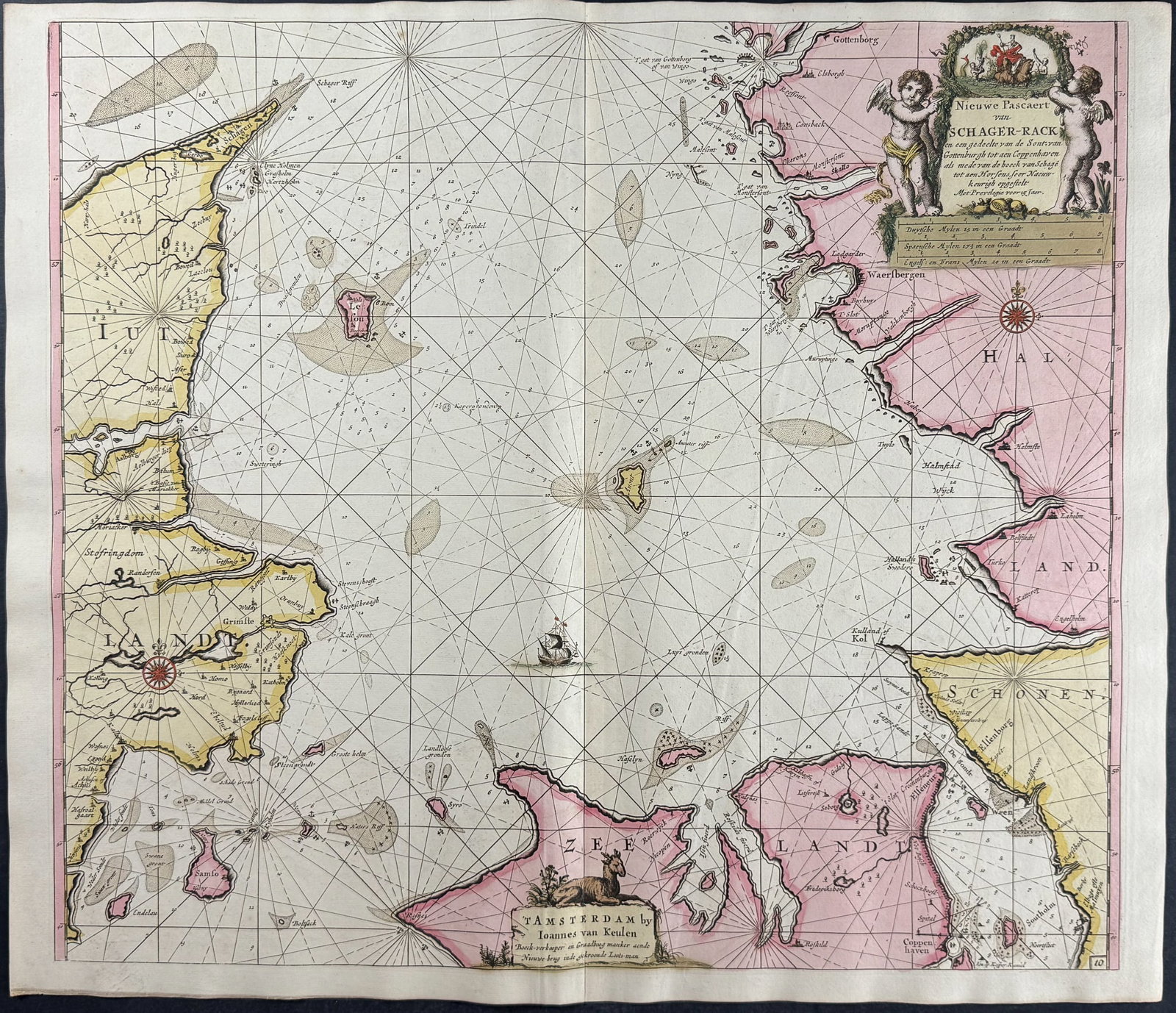 Keulen, Rare - Map of Skagerack: This extraordinary, originally hand-colored map is from the exceedingly rare atlas from Johannes and Gerard Van Keulen entitled De Groote Nieuwe Vermeerderde Zee-Atlas ofte Water-Waerld. Vertoonende i