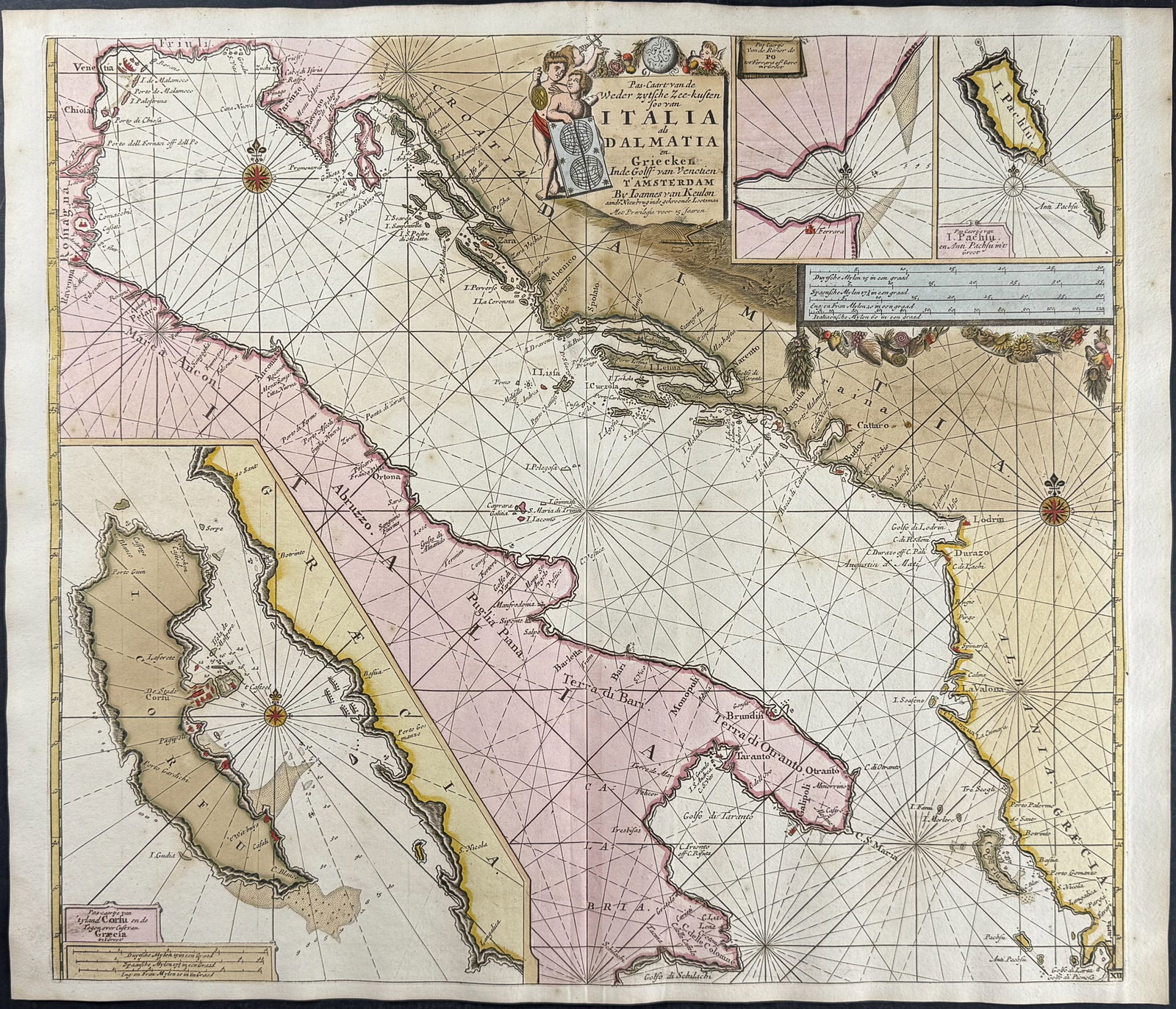 Keulen, Rare - Coastal Map of Italy, Dalmatia and Greece: This extraordinary, originally hand-colored map is from the exceedingly rare atlas from Johannes and Gerard Van Keulen entitled De Groote Nieuwe Vermeerderde Zee-Atlas ofte Water-Waerld. Vertoonende i