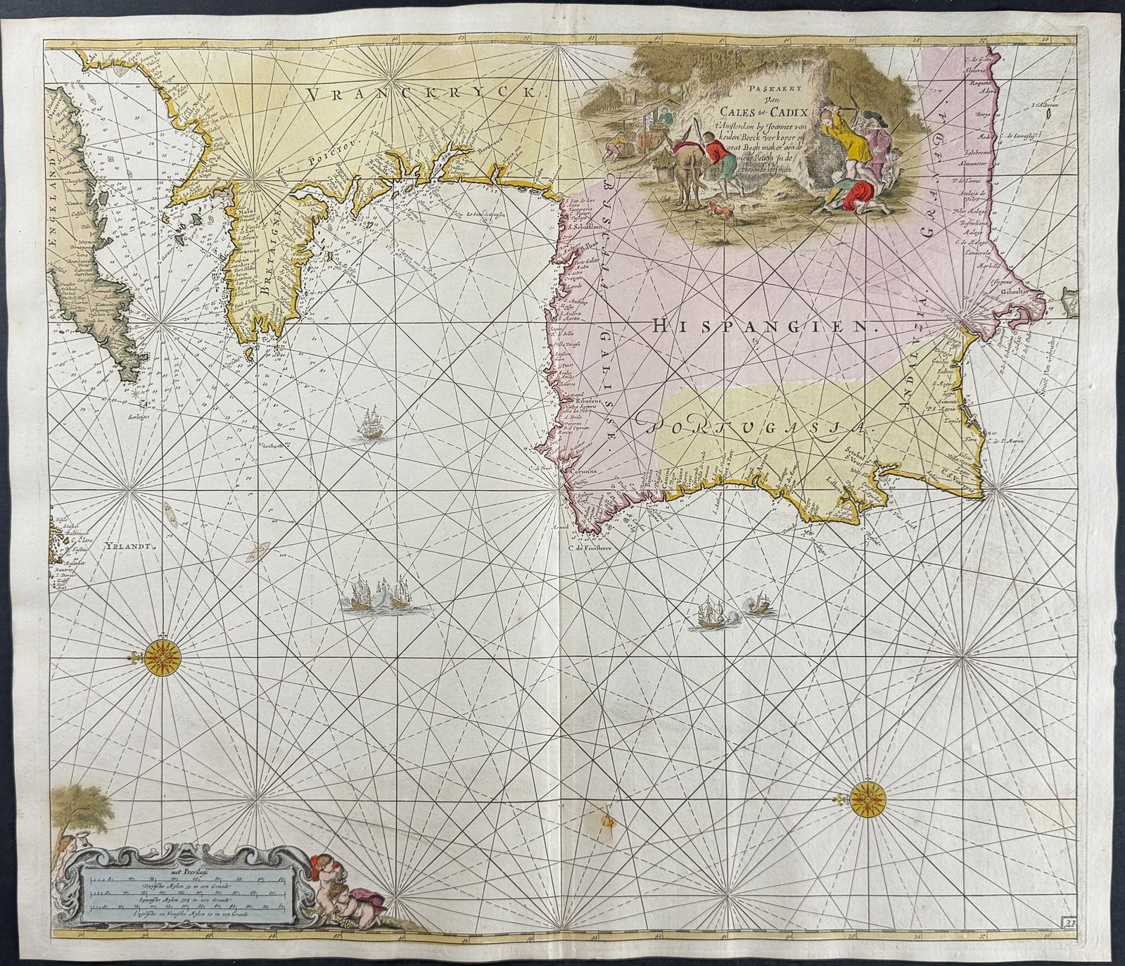 Van Keulen, Rare - Coastal Map of Europe (Calais to Cadiz): This extraordinary, originally hand-colored map is from the exceedingly rare atlas from Johannes and Gerard Van Keulen entitled De Groote Nieuwe Vermeerderde Zee-Atlas ofte Water-Waerld. Vertoonende i