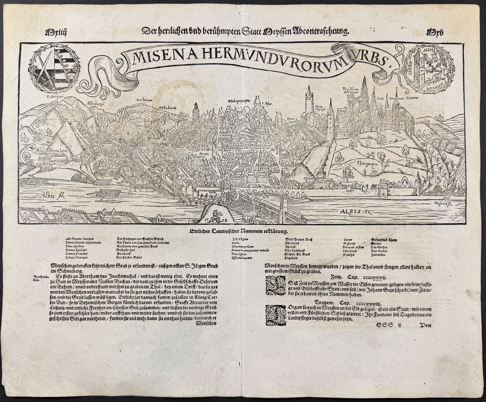 Munster, pub. 1598 - View of Meissen, Germany: This very old woodcut is from Sebastian Munster's "Cosmographey: das ist Beschreibung aller L?nder [...]" It was published in Basel in 1598 by Henric Petri. The work was a massive chronicle of all