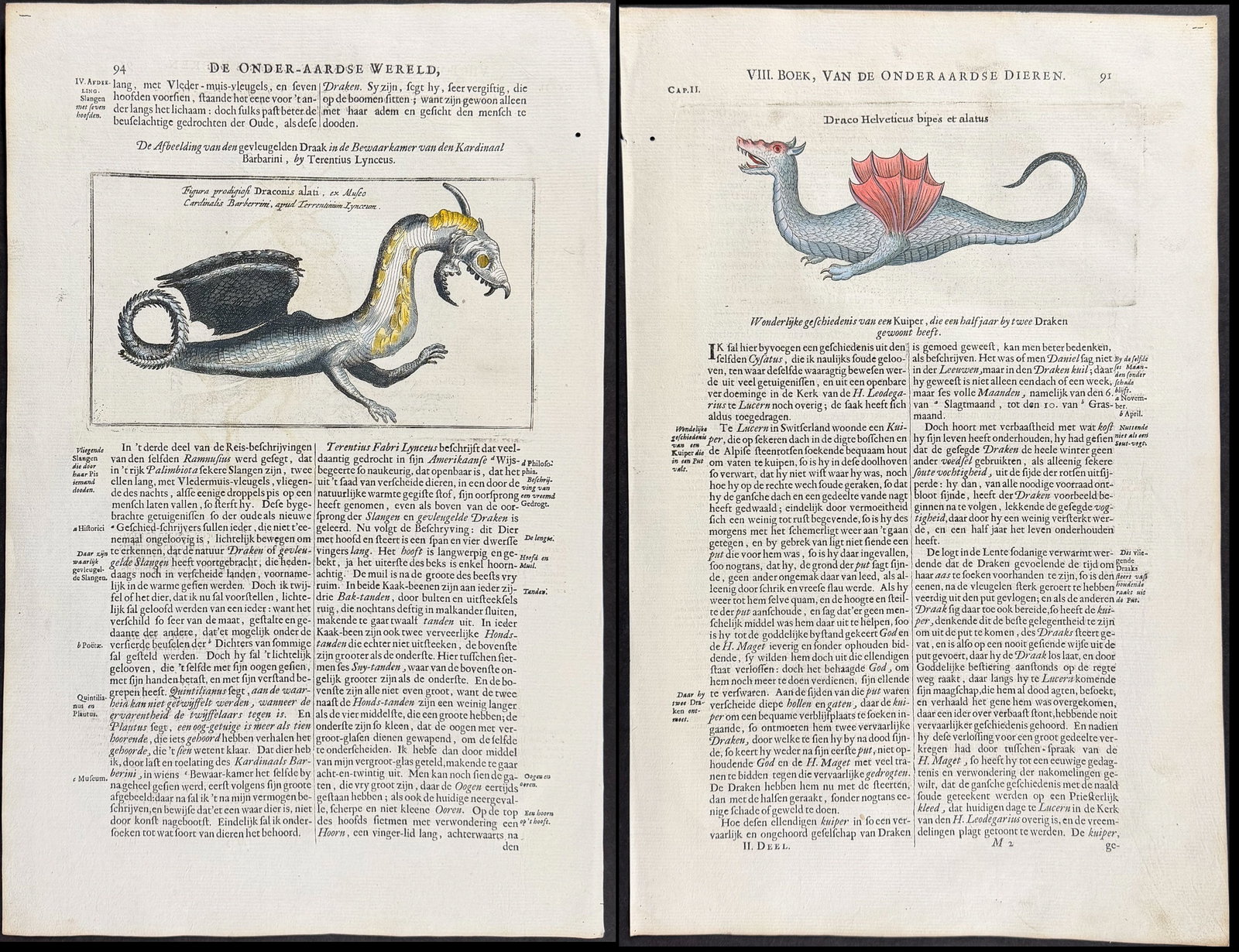 Kircher, pub. 1682 - Pair of Dragon Engravings: This scientific engraving is Athanasius Kircher's d'Onder-Aardse Weereld in Haar Goddelijk Maaksel en wonderbare uitwerkselen aller Dingen... It was published in 1682 in Amsterdam by J. Janssonius van