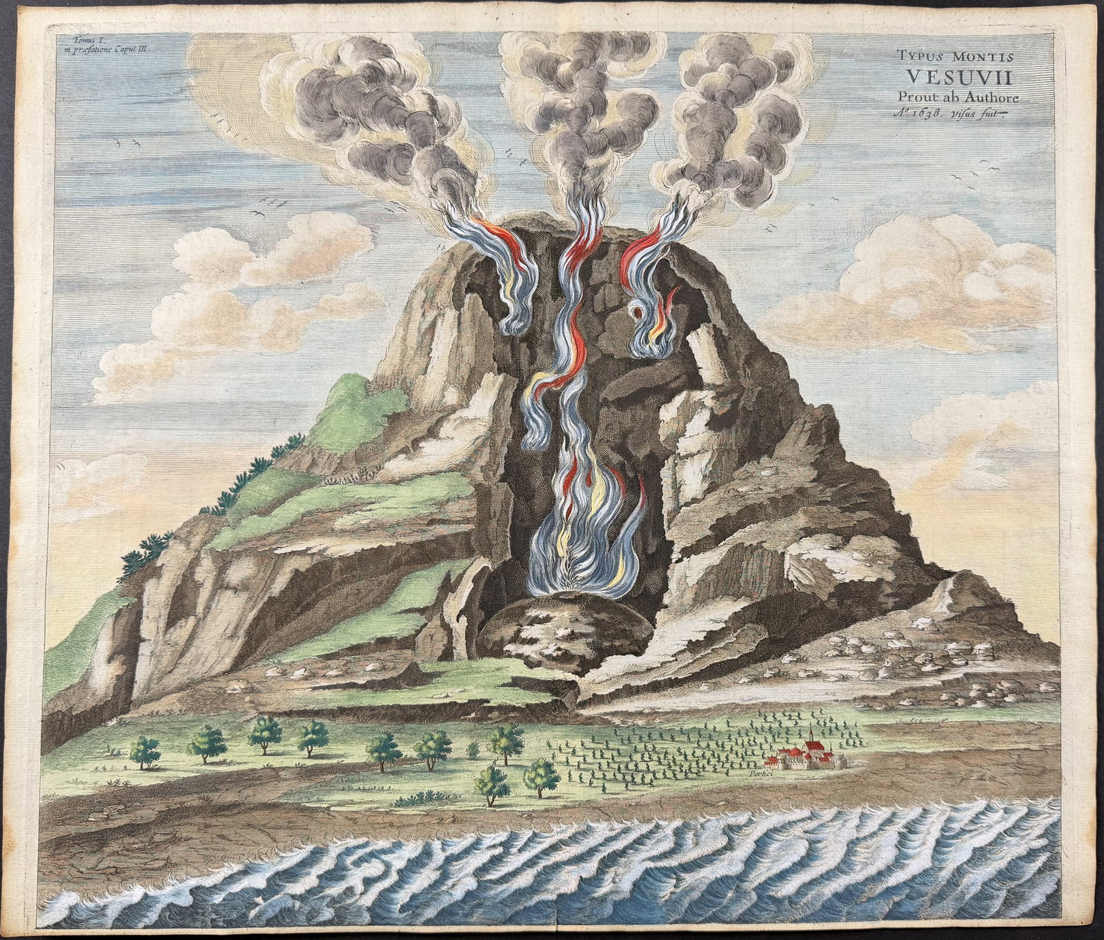 Kircher, pub. 1682 - Mount Vesuvius Erupting: This scientific engraving is Athanasius Kircher's d'Onder-Aardse Weereld in Haar Goddelijk Maaksel en wonderbare uitwerkselen aller Dingen... It was published in 1682 in Amsterdam by J. Janssonius van