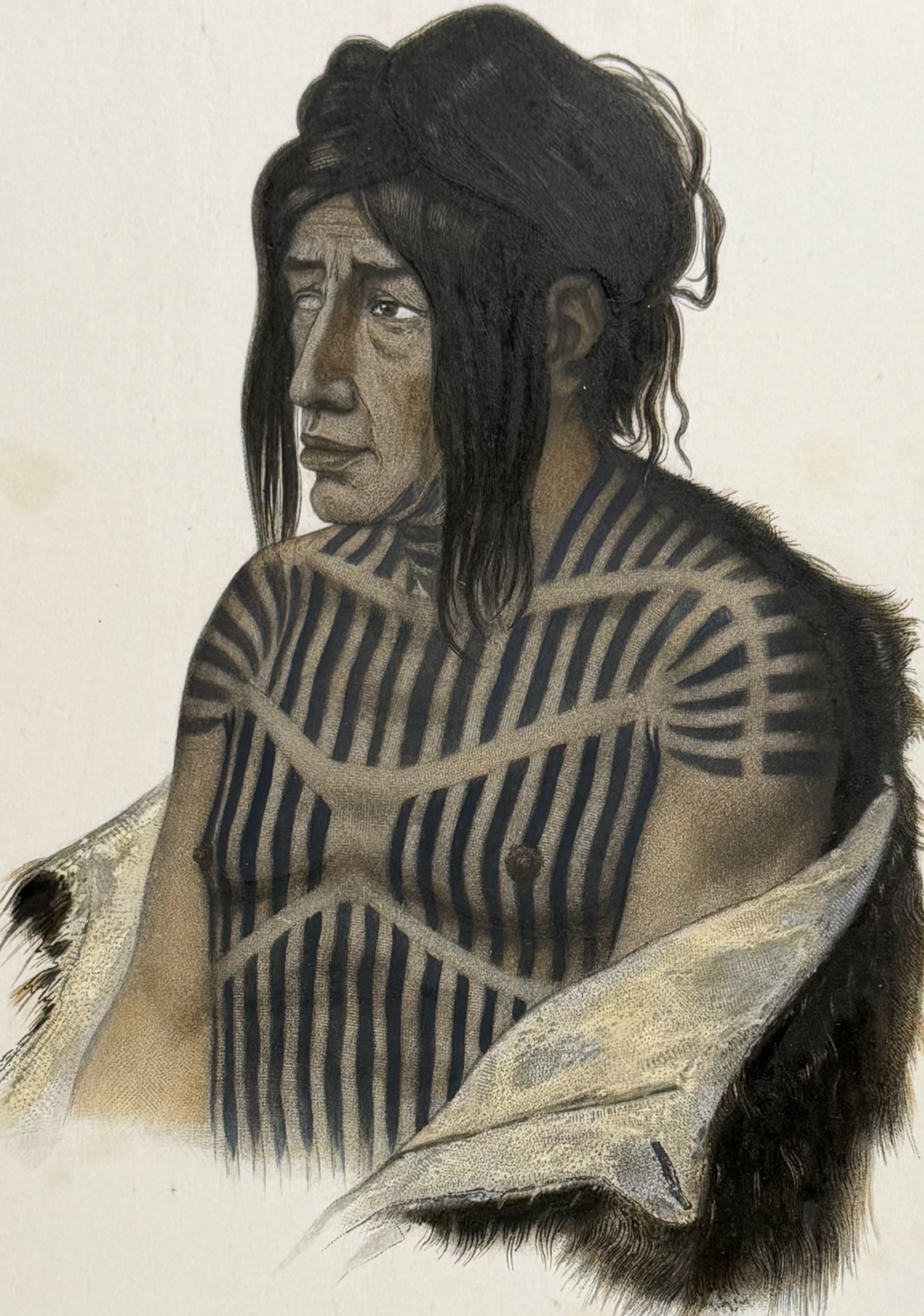 Karl Bodmer - Mahsette-Kuiuab, Chief ot he Croc-Indians. 22: This rare aquatint engraving is from Karl Bodmer's Travels in the Interior of North America or Voyage Dans l?Int?rieur De l?Am?rique Du Nord Execut? Pendant les Ann?es 1832, 1833 et 1834. The work was