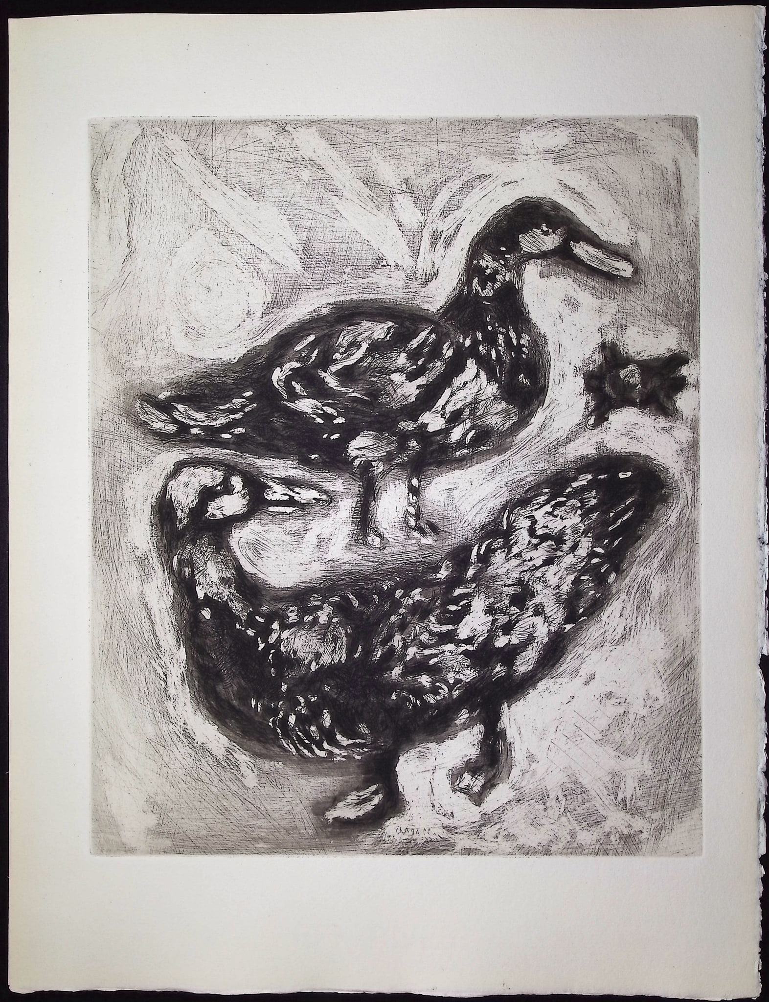 Chagall & Fontaine's Fables - The Tortoise and the Two Ducks [La Tortue & Les Deux Canards]: This striking etching is from Marc Chagall's illustrations for Jean de la Fontaine's Fables. The work was published in Paris by Teriade in 1952. This is from publication 139 of 200 published (15 of wh