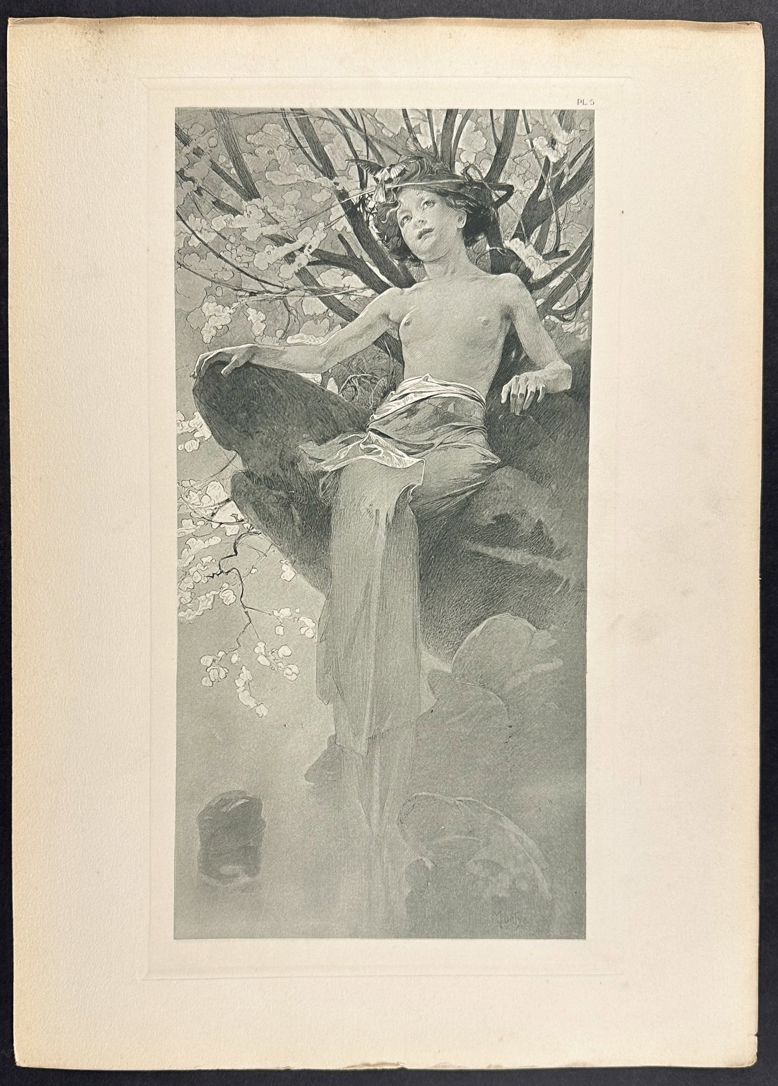 Mucha, Folio - Illustration of Topless Woman in Tree. 5: This stunning and rare lithograph is from Alphonse Mucha's "Documents d?coratifs" which was edited by Gabriel Mourey. The work was published in Paris by Librairie centrale des Beaux-Arts in 1902. The 