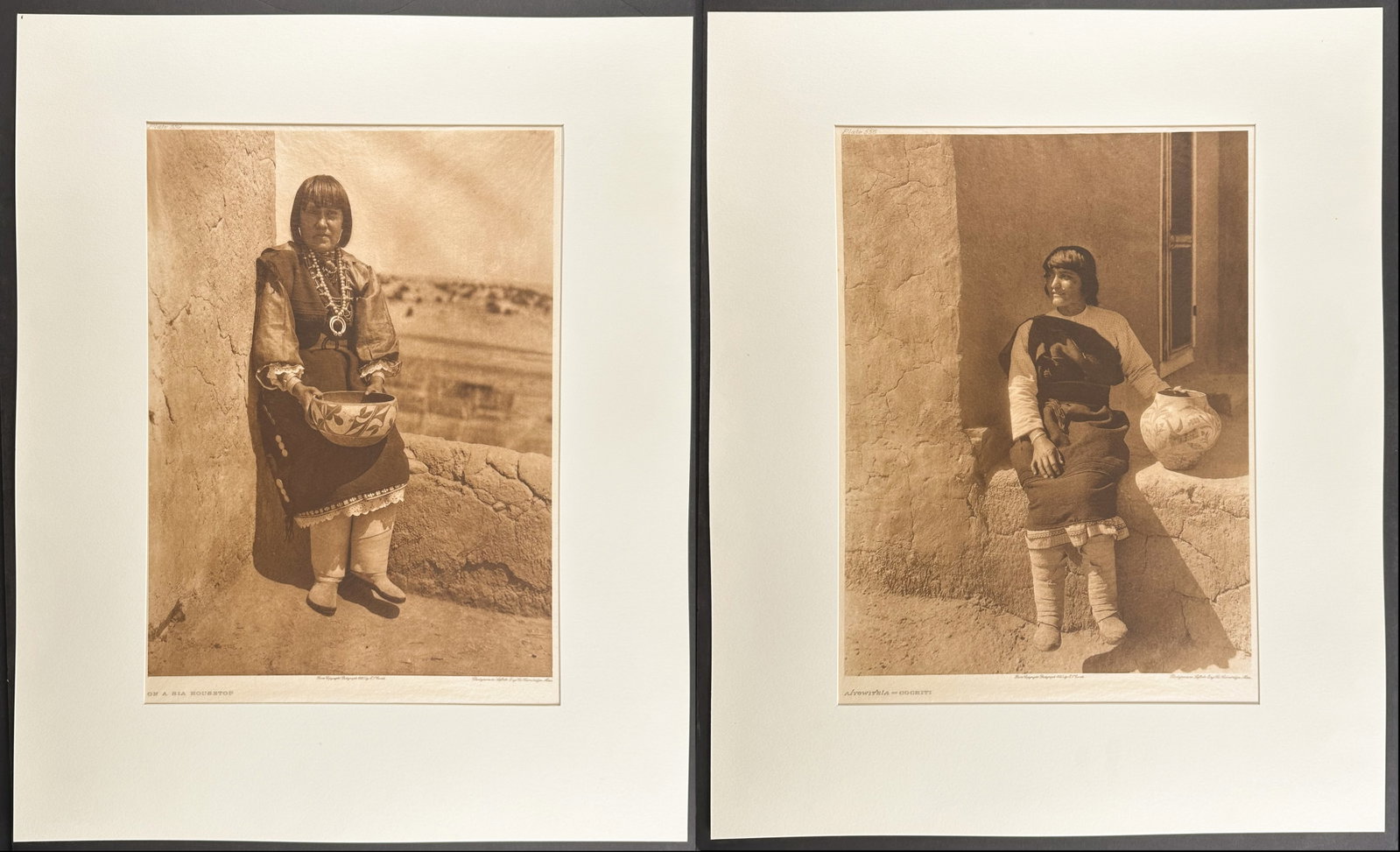 Edward Curtis, Folio - Pair of Native American Photogravures: Included in this lot: Aiyowitsia - Cochiti On a Sia Housetop Description of the work: This moving photogravure is from Edward Curtis's The North American Indian being a Series of Volumes Picturing and