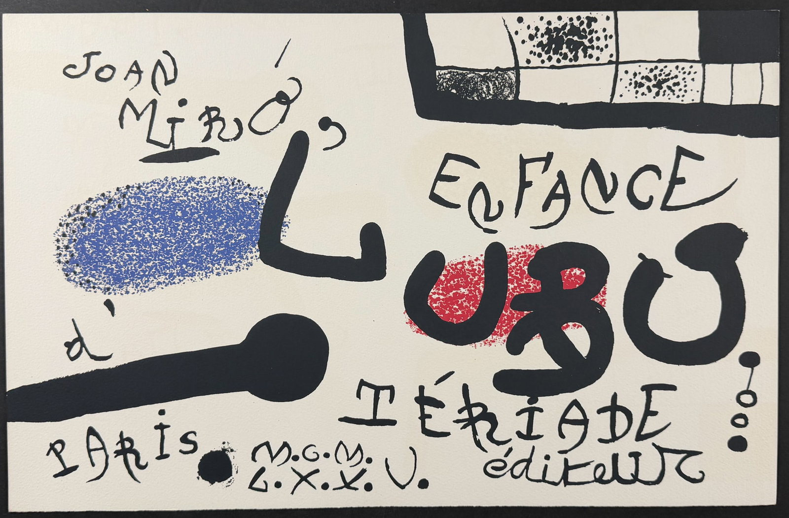Miro, Signed, Rare - Illustration of the Childhood of Ubu: This whimsical color lithograph is from Joan Miro's L'Enfance d'Ubu or Ubu's Childhood. The work was published by T?riade in Paris in 1975. This was from a limited edition of 120 printed to Arches pap