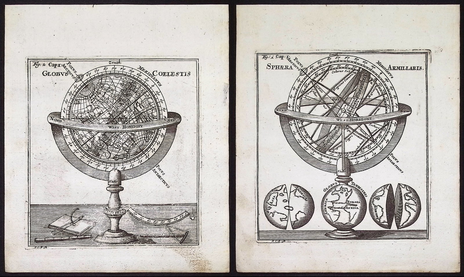 Thomas - Pair of Globe Engravings (Armillary Sphere, Constellation Chart): This celestial engraving is from Corbinian Thomas's Mercurii philosophici firmamentum Firmianum descriptionem et usum globi artificialis coelestis. The work was published in Augsburg in 1731 by Merz u