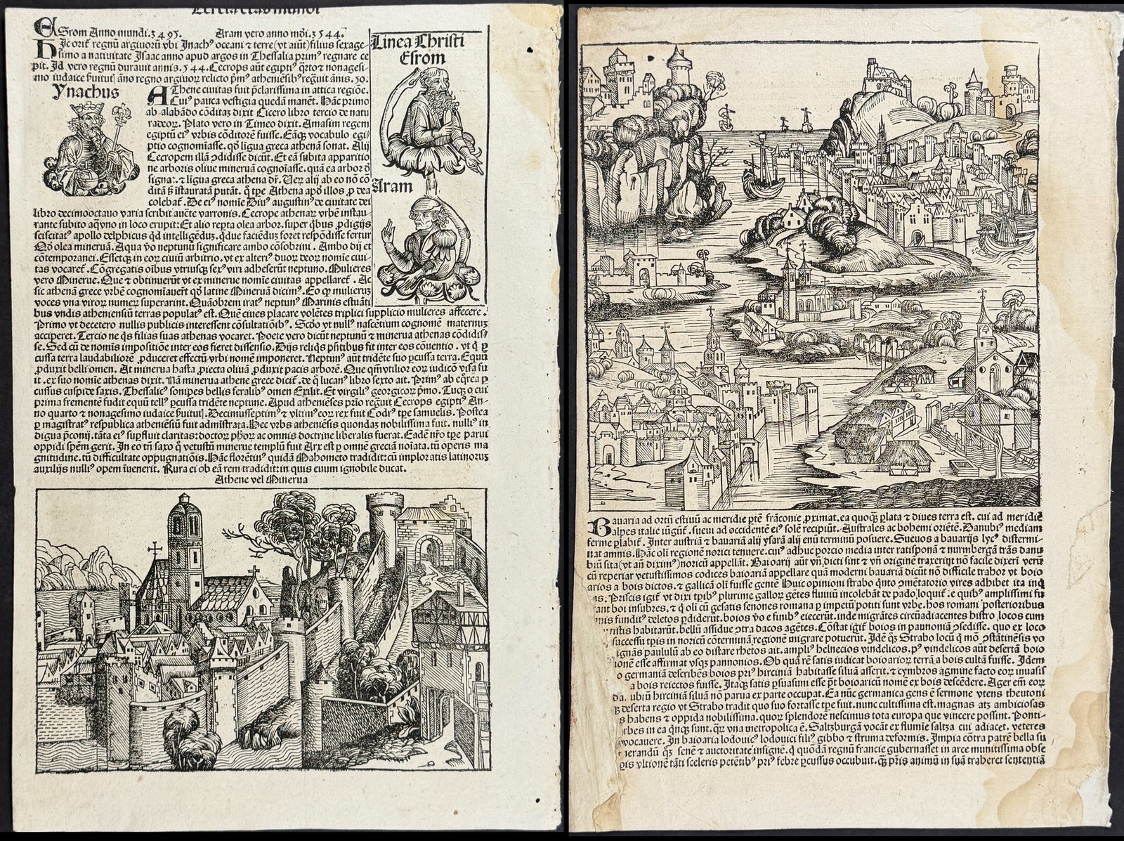 Schedel, pub. 1493 - 9 Pages with Text & Images of Historical Figures, Towns, Scenes: This important and historic engraving is from Hartmann Schedel Liber Chronicarum, more commonly known as the Nuremberg Chronicle. This is the first edition / printing of the work. It is the Latin edit