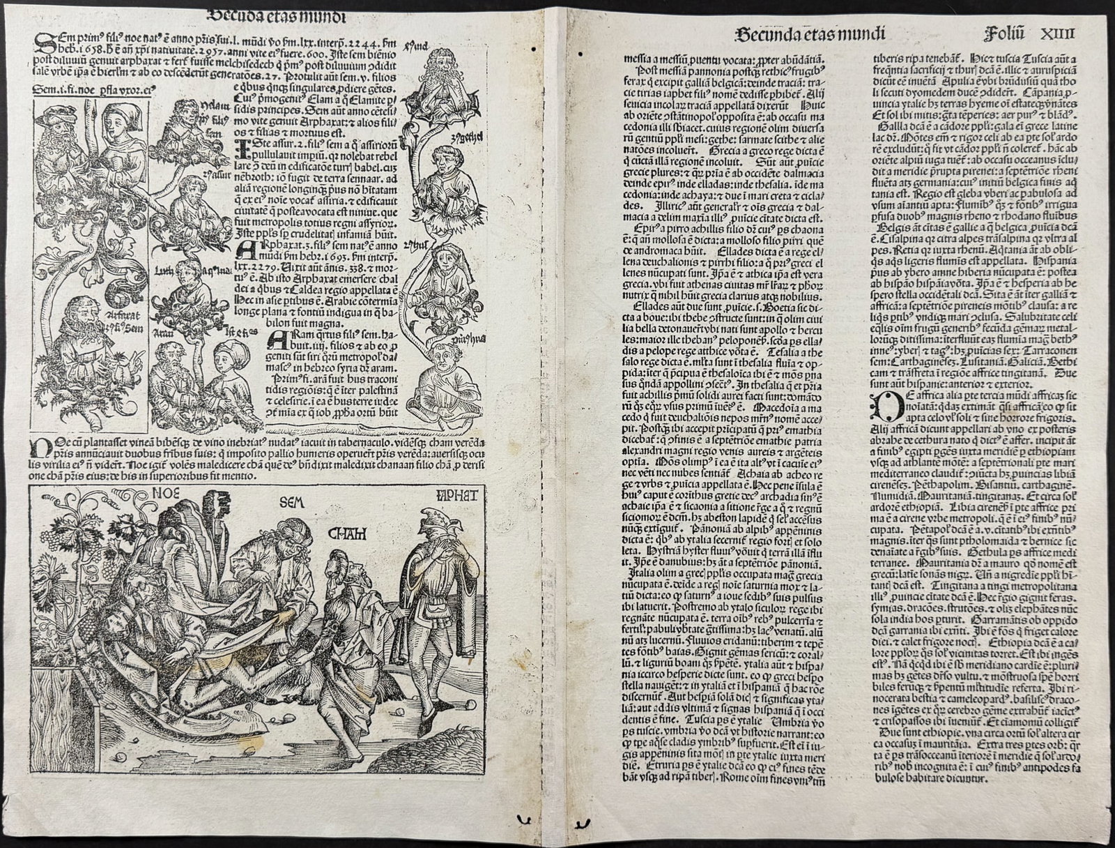 Schedel, pub. 1493 - Depiction of Genesis 9:20-27, including Noah, Shem, Ham, & Japheth / Verso:: This important and historic engraving is from Hartmann Schedel Liber Chronicarum, more commonly known as the Nuremberg Chronicle. This is the first edition / printing of the work. It is the Latin edit