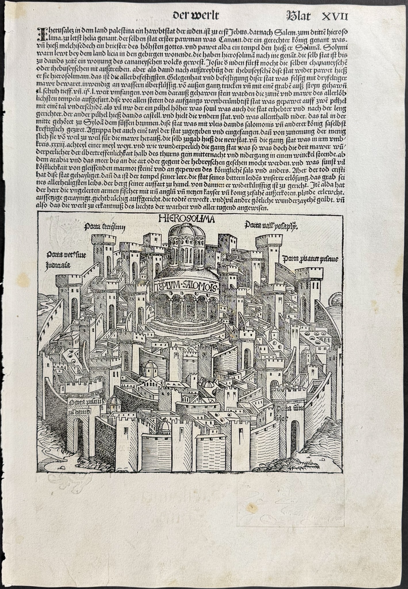 Schedel, pub. 1493 - View of Jerusalem, Israel, Holy Land / Verso: Building Temple, People (1 of 2)