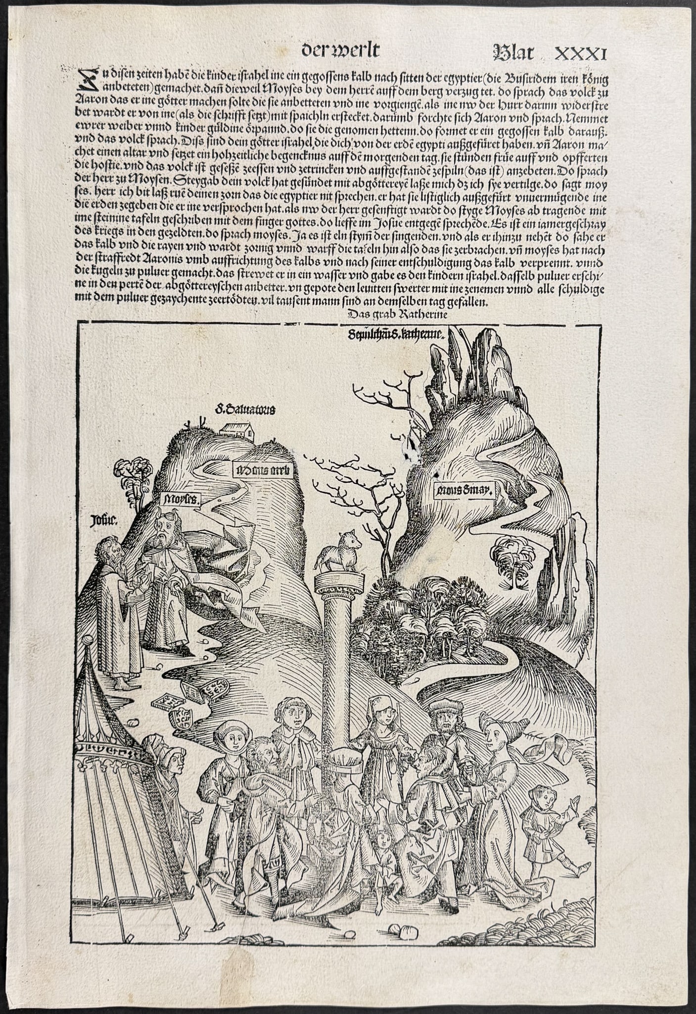 Schedel, pub. 1493 - Golden Calf / Verso: Angels sealing the Arc of the Covenant: This important and historic engraving is from Hartmann Schedel Liber Chronicarum, more commonly known as the Nuremberg Chronicle (in German: Das Buch der Croniken und Geschichten. This is from the fir