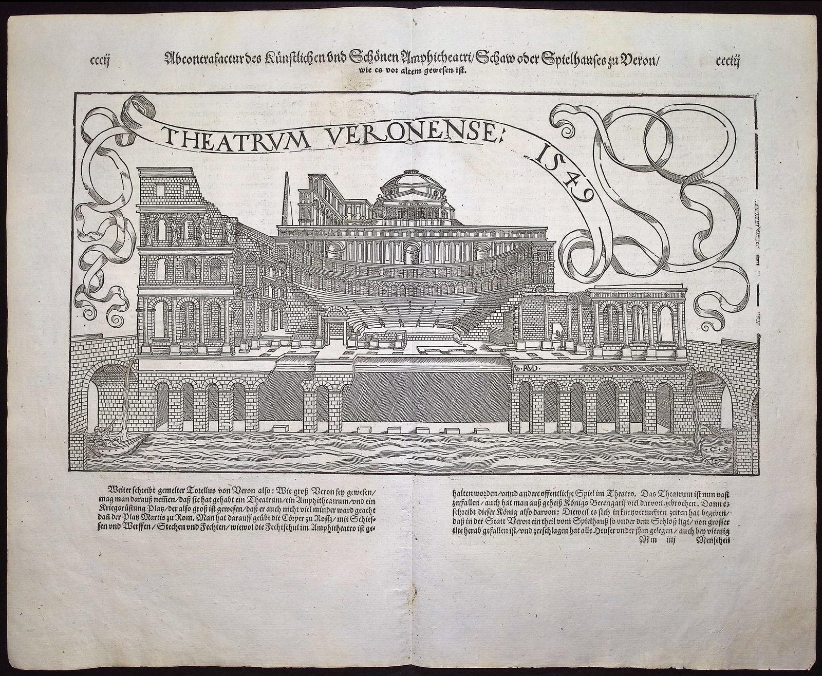 Munster, pub. 1592 - Theatrum Veronense, Italy: This very old woodcut is from Sebastian Munster's Cosmographia Universalis or Cosmographey: das ist Beschreibung aller Lander [...] The work was published in Basel in 1592 by Heinrich Petri. The work 