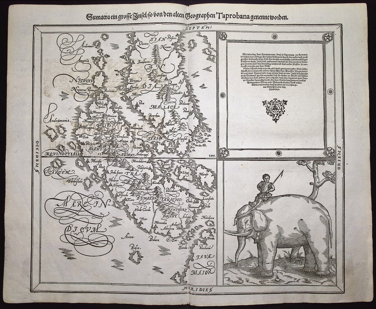 Munster, pub. 1592 - Map of Taprobana, Island in Sumatra, with inset of Elephant (1 of 2)