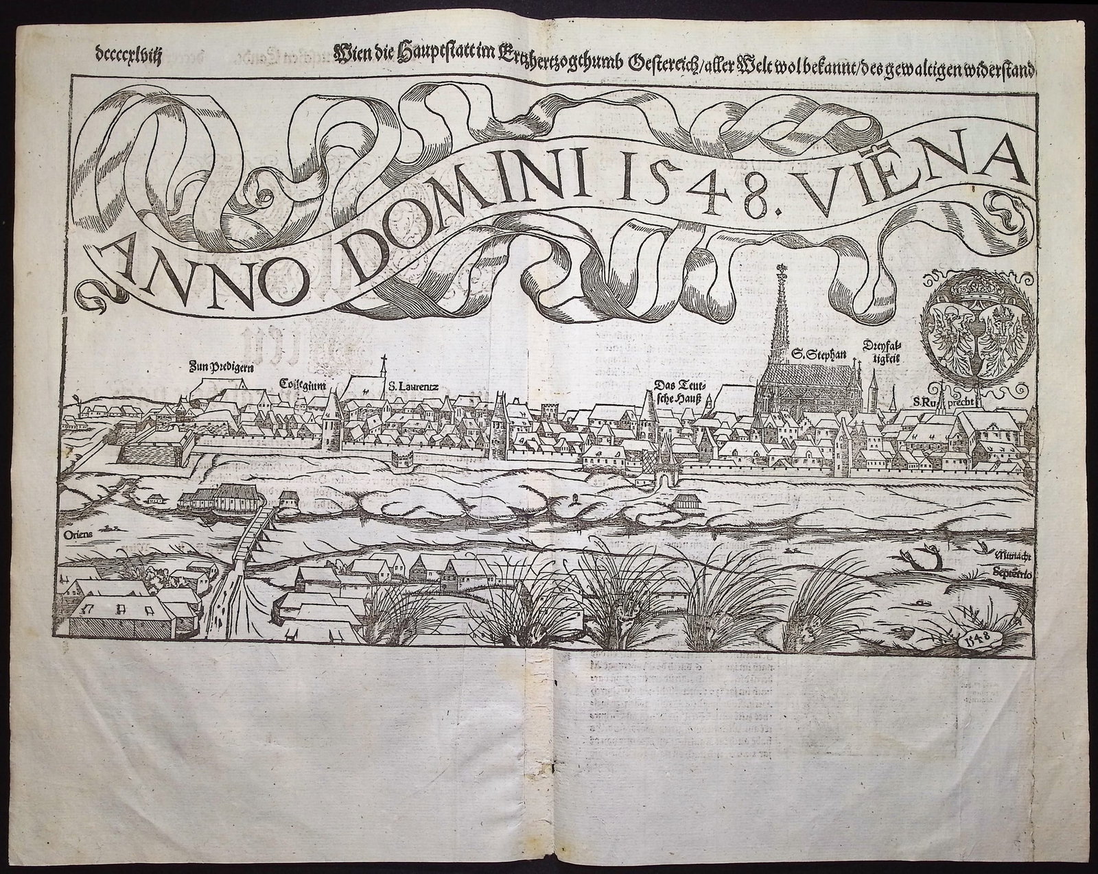 Munster, pub. 1592 - View of Vienna, Austria: This very old woodcut is from Sebastian Munster's Cosmographia Universalis or Cosmographey: das ist Beschreibung aller Lander [...] The work was published in Basel in 1592 by Heinrich Petri. The work 