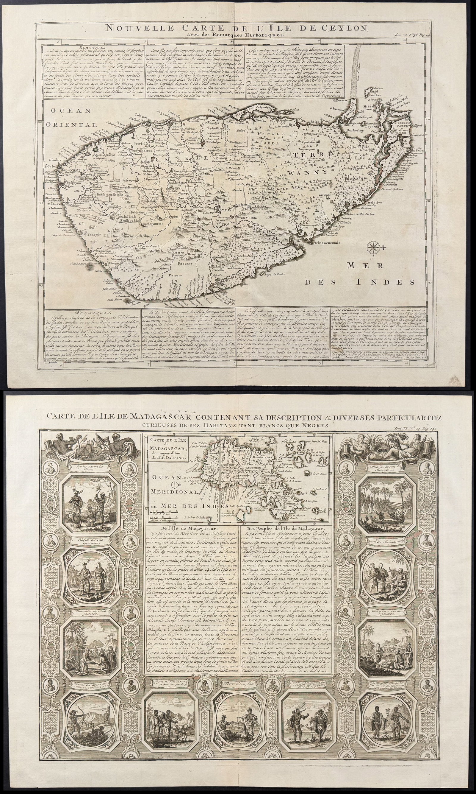 Chatelain - Pair of Engravings of Ceylon & Madagascar: This historic engraving is from Henri Abraham Chatelain's Atlas Historique. The work was published by the author in Amsterdam between 1718 and 1720. The text was compiled by Gueudeville & Garillon. Th