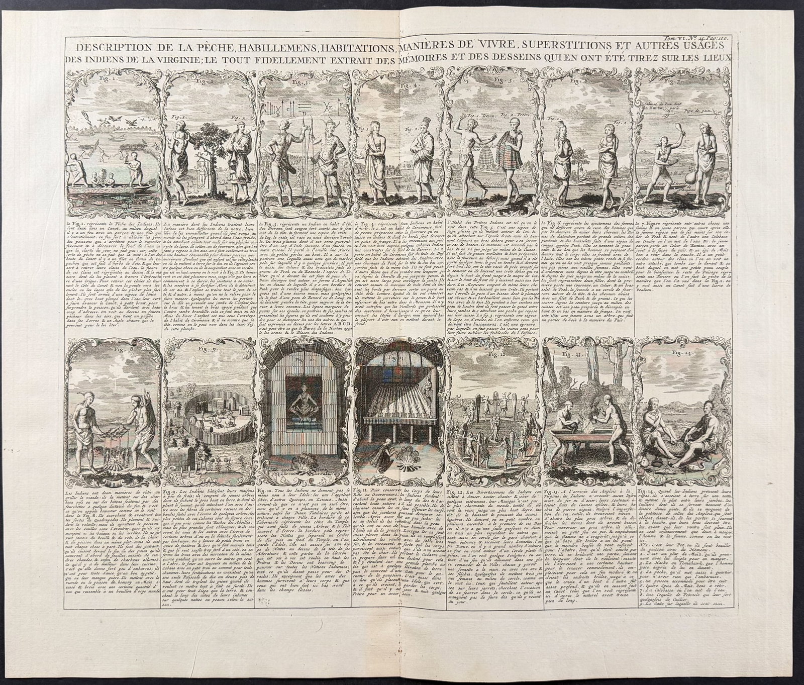 Chatelain - Vignettes of Virginia Indians after De Bry's Grands Voyages: This historic engraving is from Henri Abraham Chatelain's Atlas Historique. The work was published by the author in Amsterdam between 1718 and 1720. The text was compiled by Gueudeville & Garillon. Th