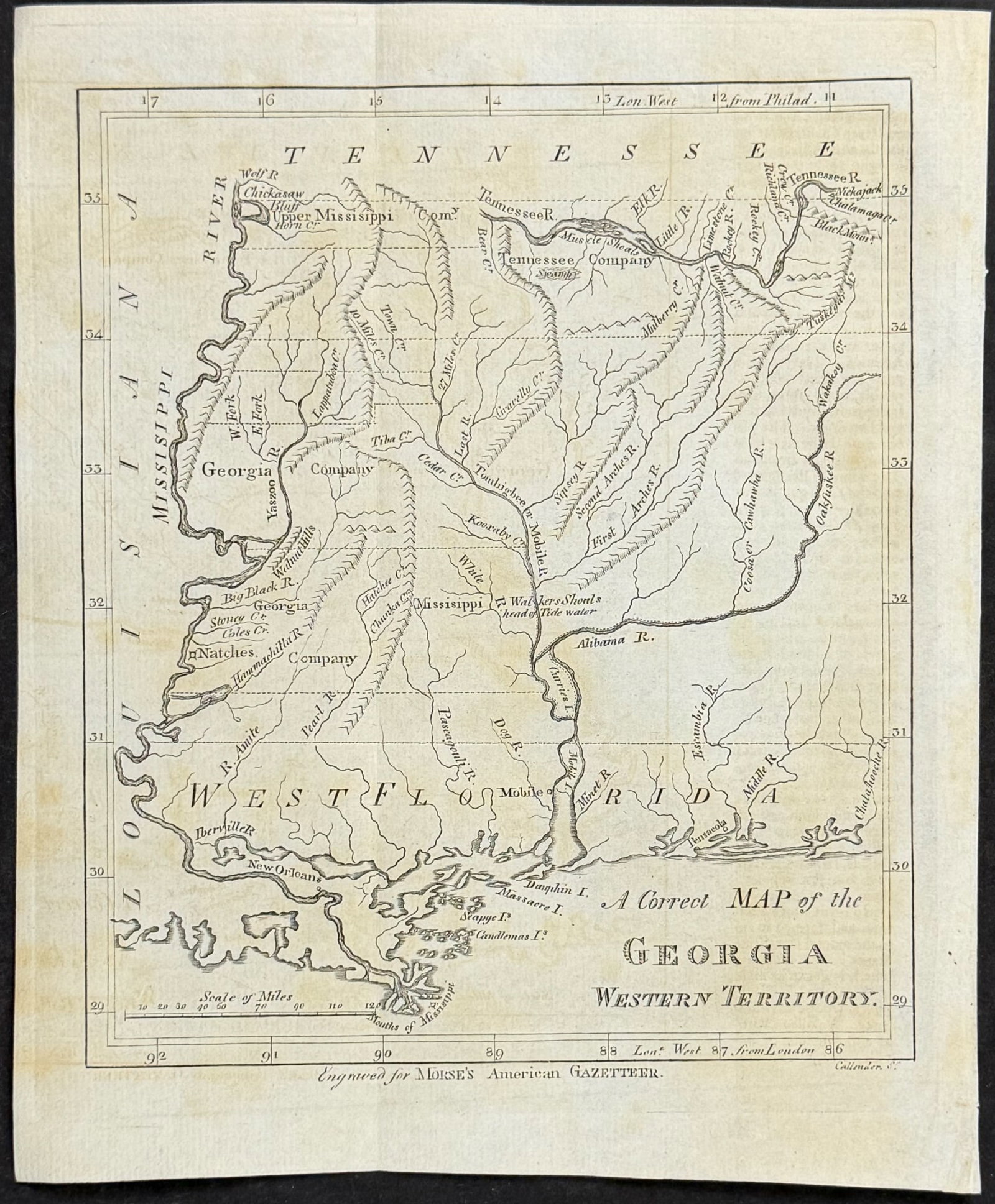 Morse - A Correct Map of the Georgia Western Territory: This historic map is from Reverend Jebidiah Morse's The American Gazetteer, Exhibiting...the American Continent, also of the West-India Islands.... This is from the first edition of the work which was