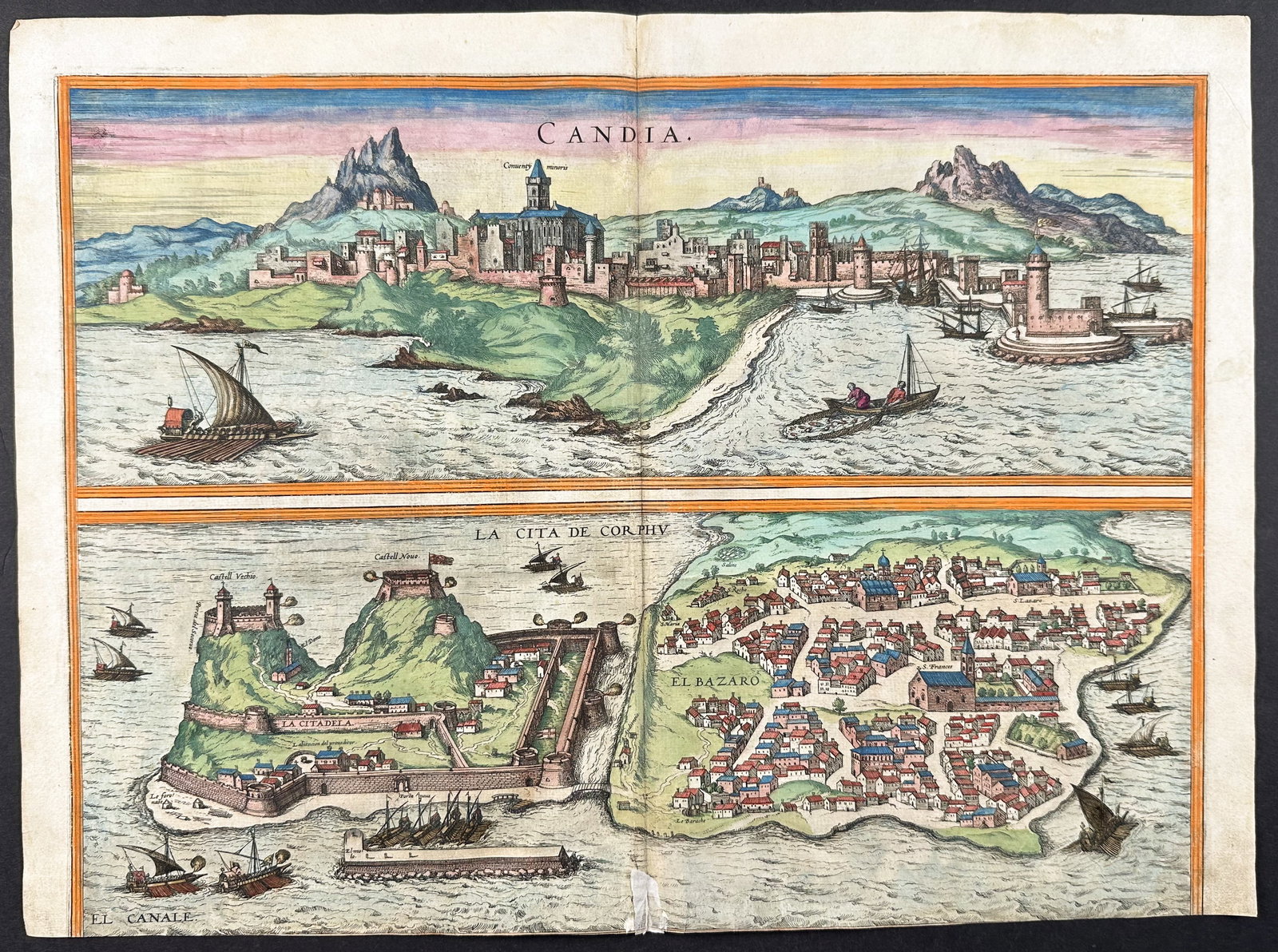 Braun & Hogenberg, pub. 1575 - View of Crete und Corfu: This extraordinary engraving is from Georg Braun & Frans Hogenberg's Civitates Orbis Terrarum or Atlas of the Cities of the World. The work was published in Augsburg in 1575. It is considered the grea