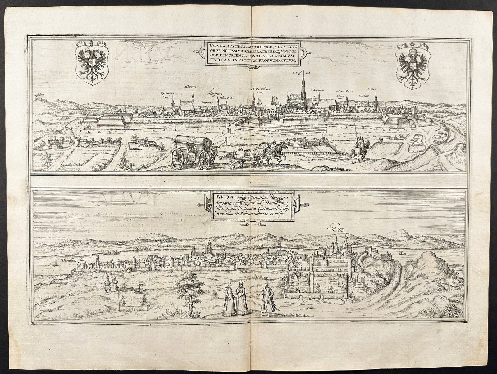 Braun & Hogenberg, pub. 1575 - View of Vienna, Austria, and Buda, Hungary: This extraordinary engraving is from Georg Braun & Frans Hogenberg's Civitates Orbis Terrarum or Atlas of the Cities of the World. The work was published in Augsburg in 1575. It is considered the grea