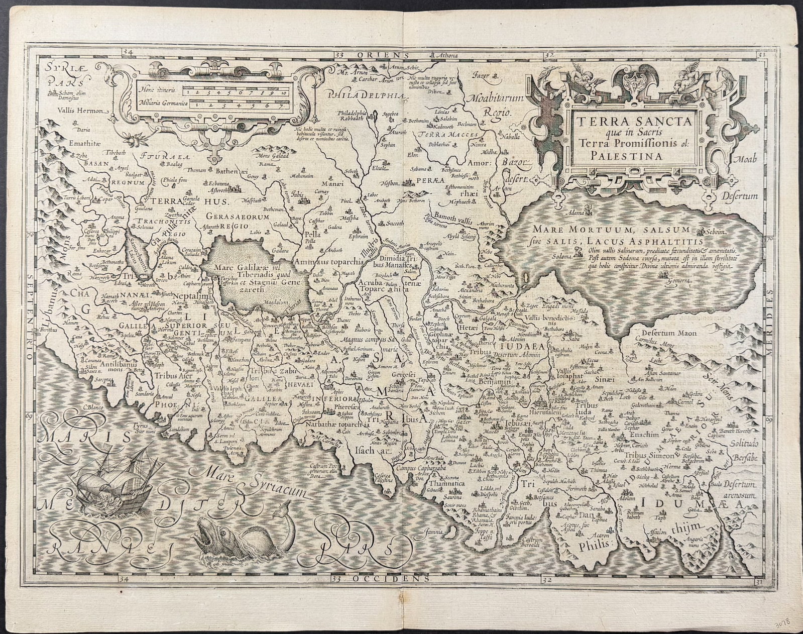 Bertius's Ptolemy, pub. 1618 - Map of the Holy Land, Palestine (Sea Monster, Ship) (1 of 2)