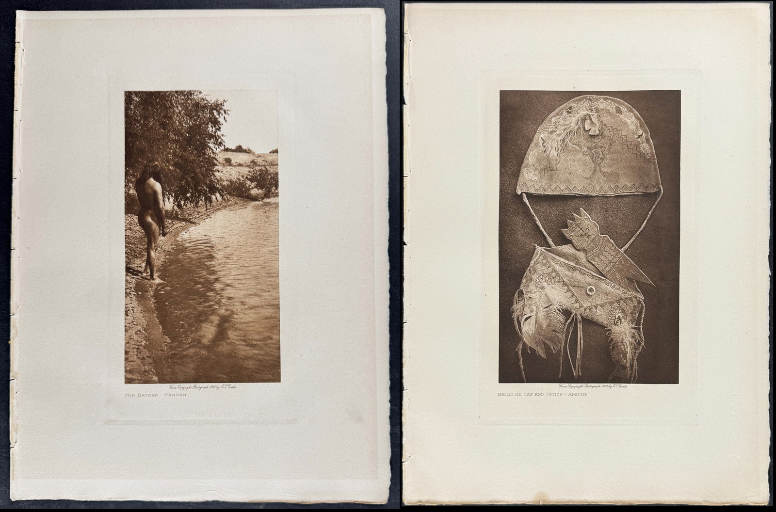 Edward Curtis - Pair of Native American Photogravures: From 1909 publication: The Bather - Mandan Description of the work: This moving photogravure in quarto size is from Edward Curtis's The North American Indian being a Series of Volumes Picturing and De