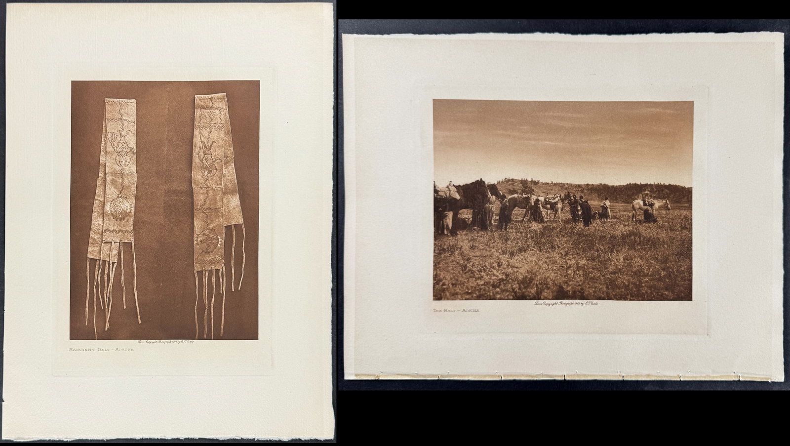 Edward Curtis - Pair of Native American Photogravures: From the 1907 publication: Maternity Belt - Apache Description of the work: This moving photogravure in quarto size is from Edward Curtis's The North American Indian being a Series of Volumes Picturin