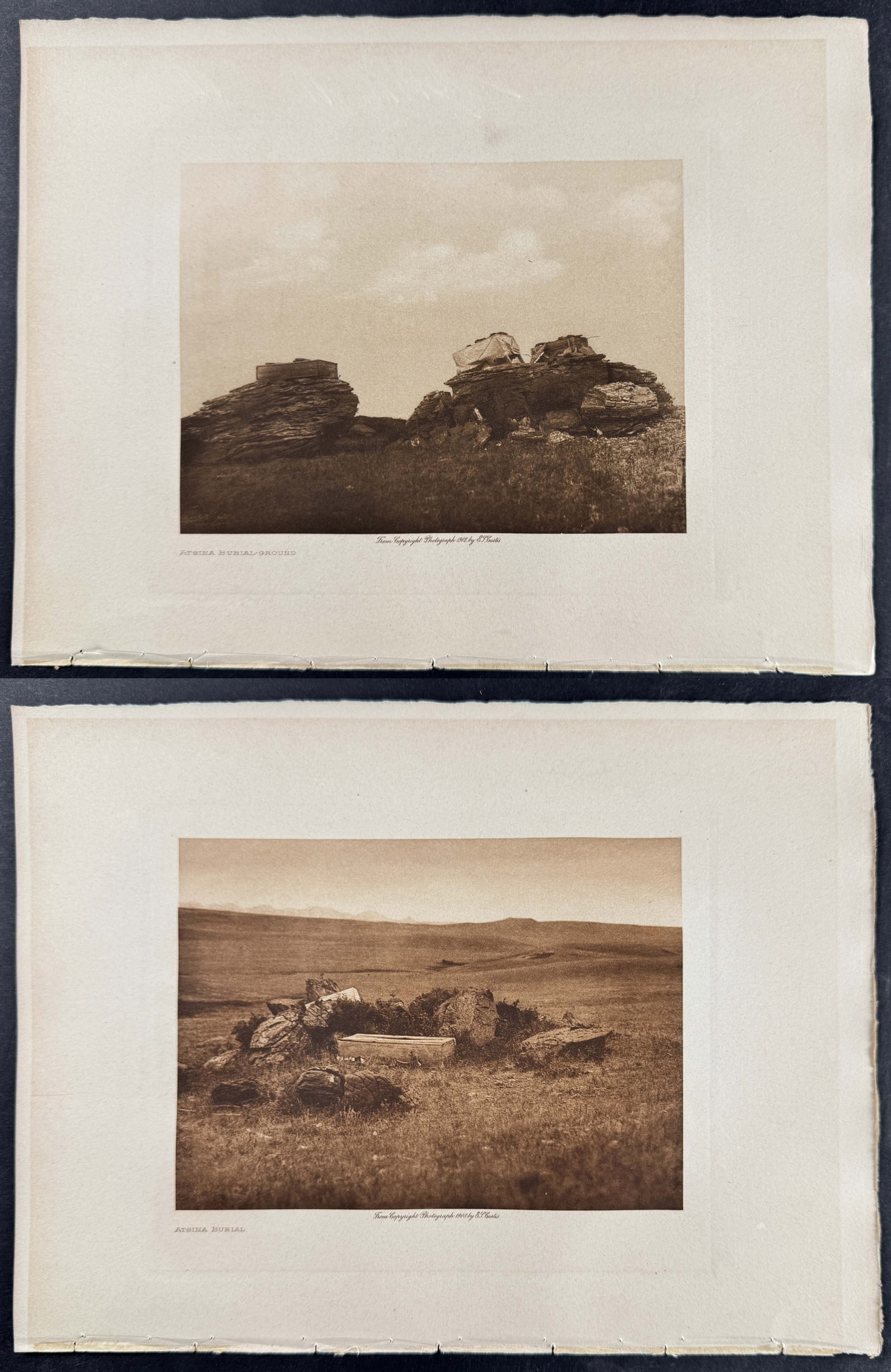 Edward Curtis - Pair of Native American Photogravures: Included in this lot: Atsina Burial Atsina Burial-ground Description of the work: This moving photogravure in quarto size is from Edward Curtis's The North American Indian being a Series of Volumes Pi