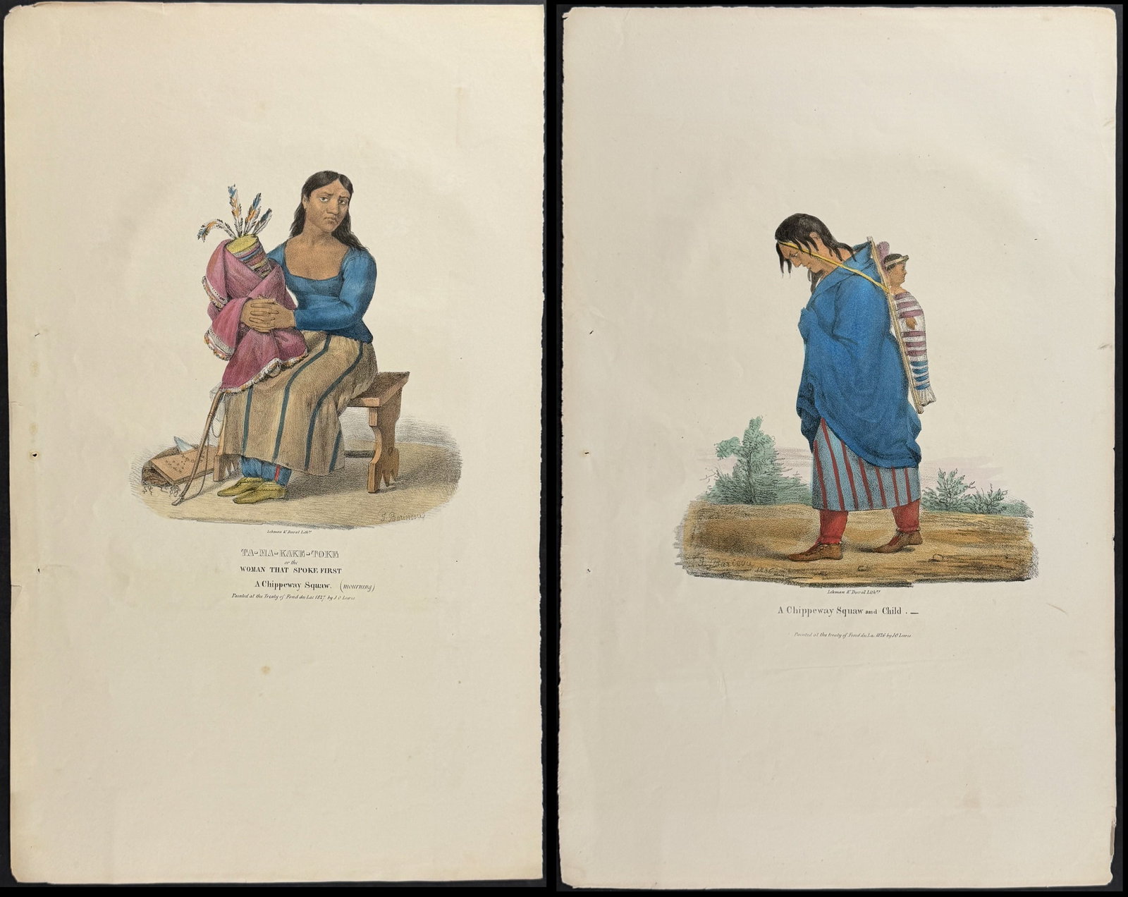 Lewis - Pair of Chippeway Squaw Lithographs: Included in this lot: A Chippeway Squaw and Child Ta-Ma-Kake-Toke or the Woman that Spoke First, a Chippeway Squaw (mourning) Description of the work: This originally hand-colored lithograph is from