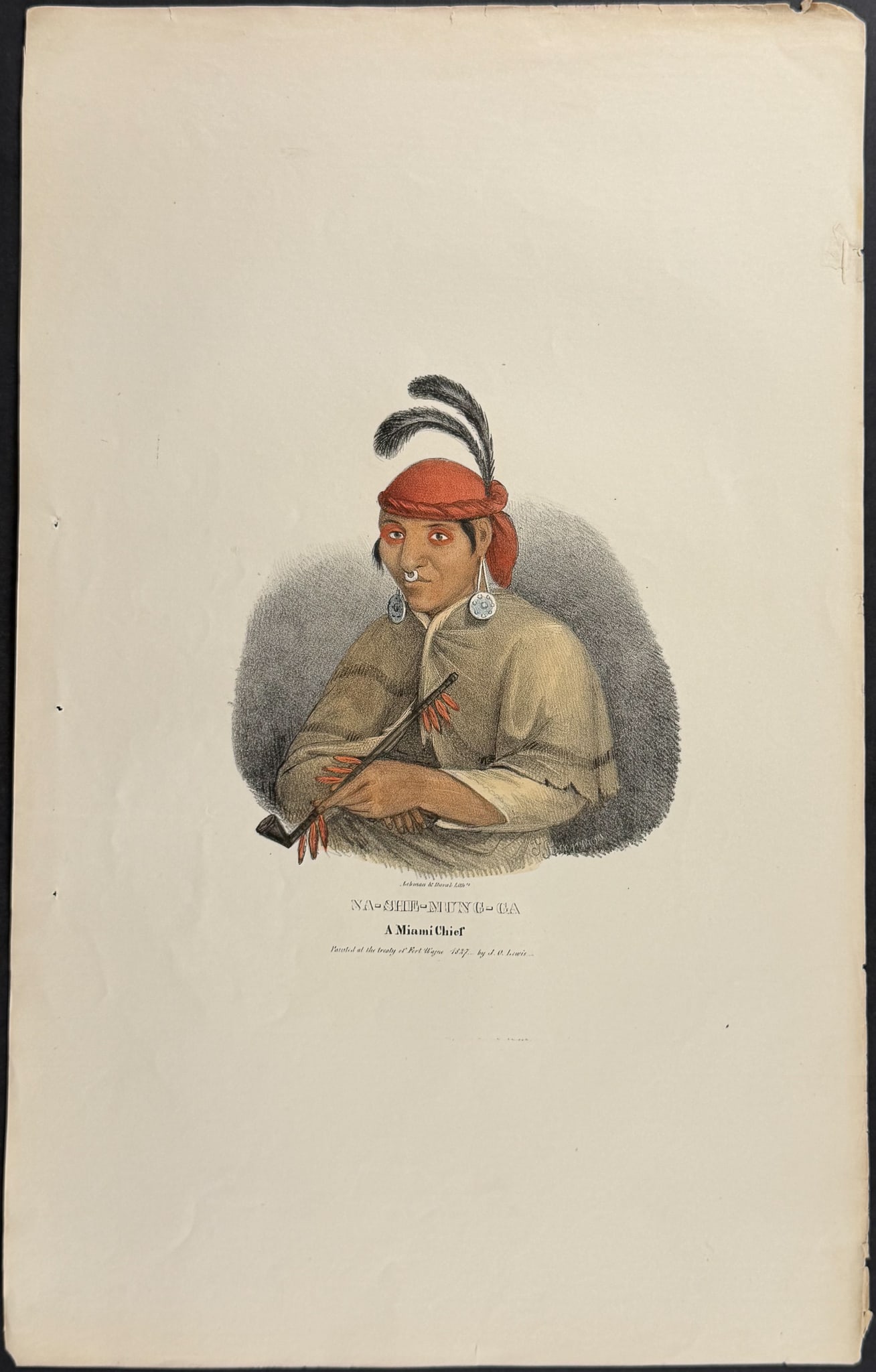 Lewis - Na-She-Mung-Ga, A Miami Chief: This originally hand-colored lithograph is from one of the rarest Indian works, James Otto Lewis?s The Aboriginal Portfolio. It was the first collection of portraits of North American Indians