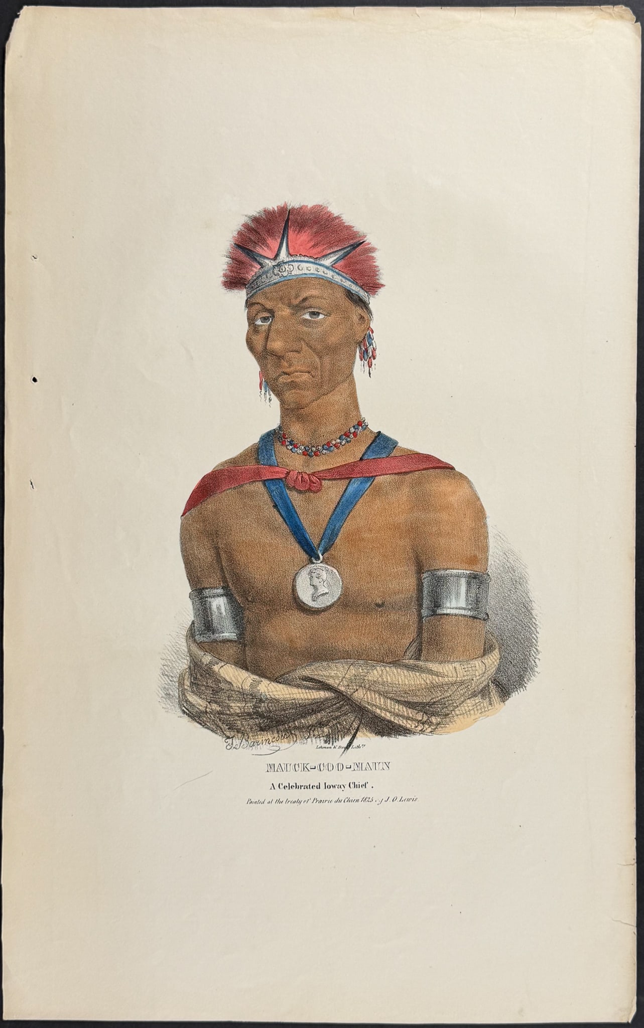 Lewis - Mauch-Coo-Maun, A Celebrated Ioway Chief: This originally hand-colored lithograph is from one of the rarest Indian works, James Otto Lewis?s The Aboriginal Portfolio. It was the first collection of portraits of North American Indians