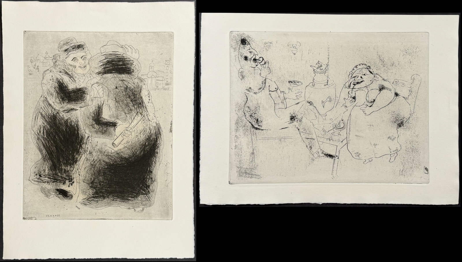 Chagall - Pair of Etchings from Les Ames Mortes: This beautifully illustrated, original etching by Marc Chagall was part of Nikolai Gogol's "Les Ames Mortes". The work was published in Paris by Teriade in 1948. This was a limited edition of 368