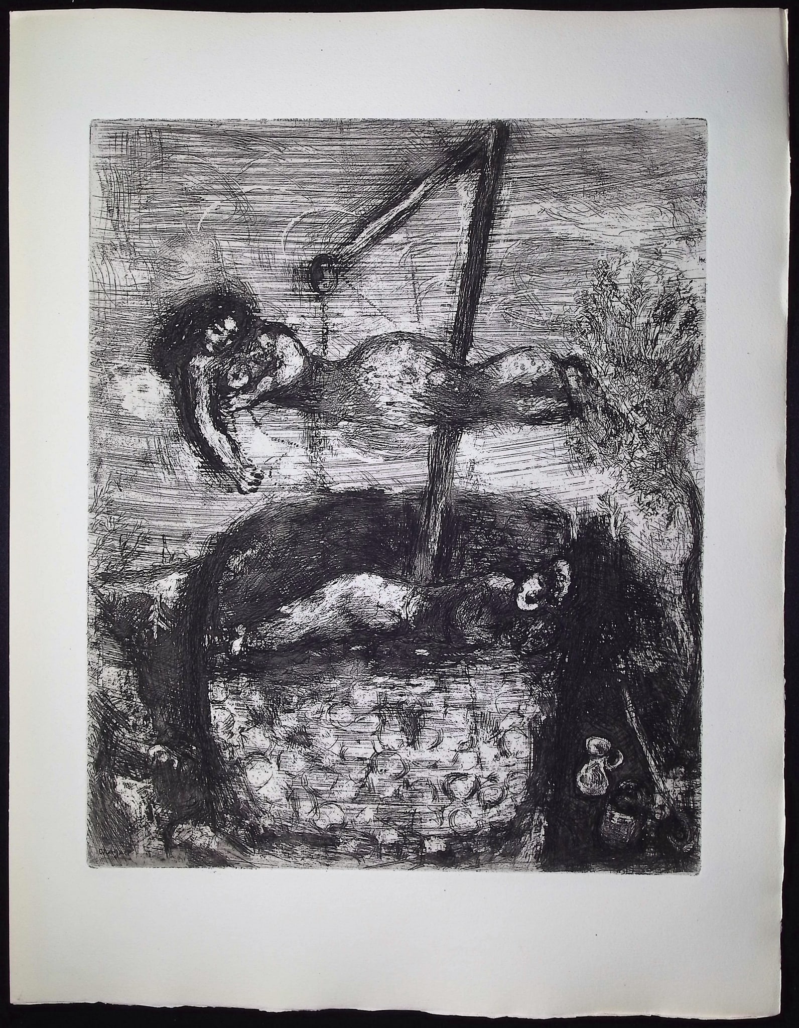 Chagall & Fontaine's Fables - Fortune and the Young Child [La Fortune & le jeune Enfant]: This striking etching is from Marc Chagall's illustrations for Jean de la Fontaine's Fables. The work was published in Paris by Teriade in 1952. This is from publication 139 of 200 published (15 of wh