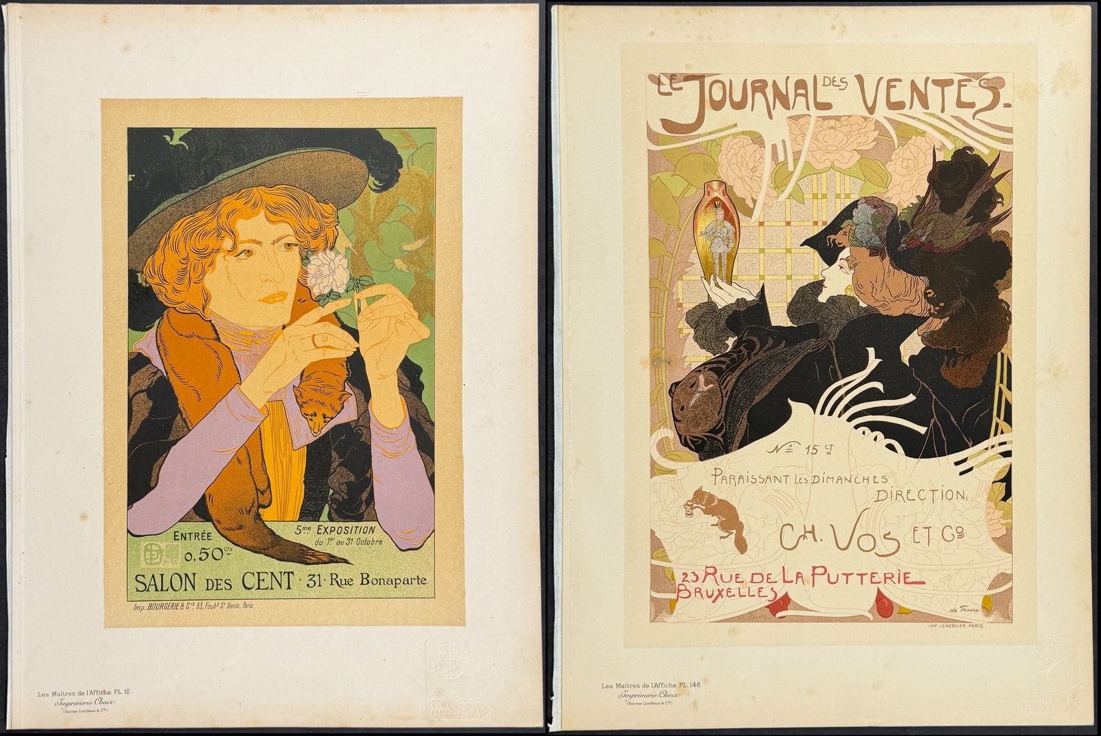 Maitres Affiches by De Feure - Pair of Poster Lithographs: This first edition, folio lithograph after a poster is from Les Maitres de l'Affiche. The work was published by Imprimerie Chaix under the direction of Jules Cheret in Paris between 1896 and 1900.