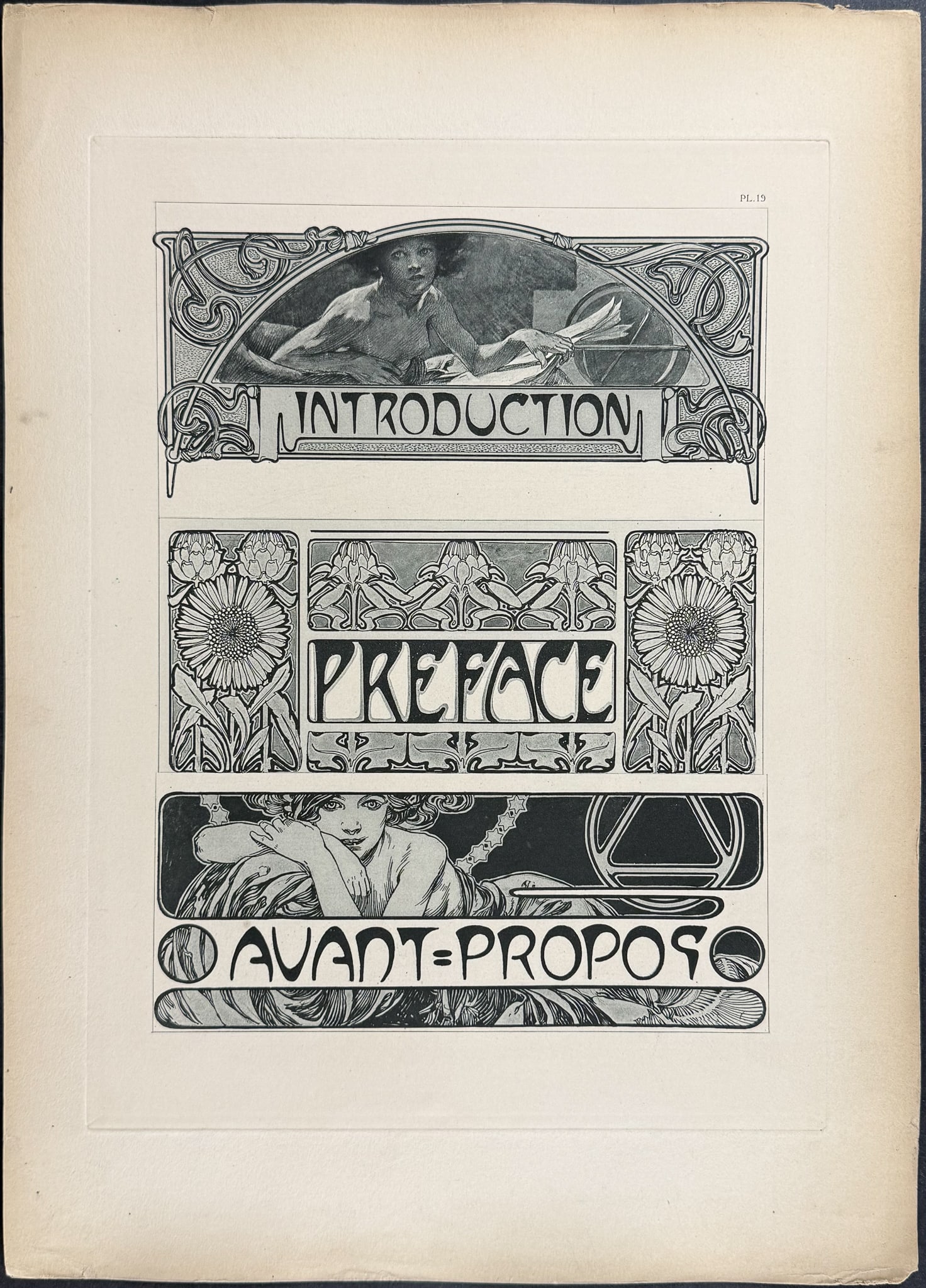 Mucha, Folio - Introduction or Preface Illustration with Women & Flowers. 19: This stunning and rare lithograph is from Alphonse Mucha's "Documents d?coratifs" which was edited by Gabriel Mourey. The work was published in Paris by Librairie centrale des Beaux-Arts in 1902. The
