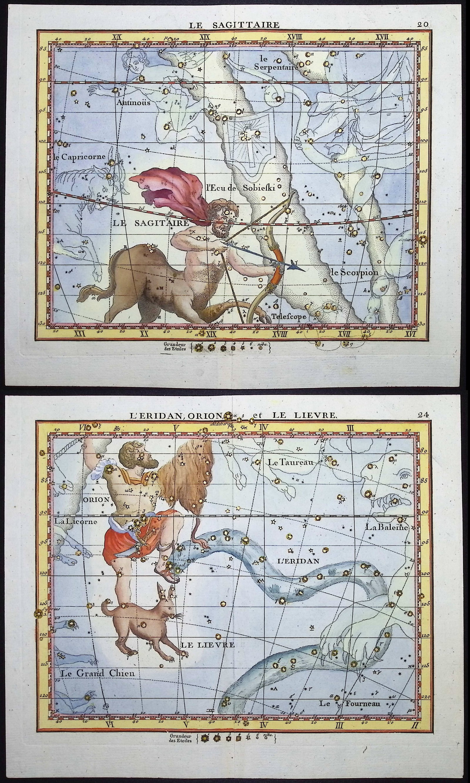 Flamsteed - Pair of Constellation or Celestial Charts of Sagittarius & Rabbit, Orion, Eridanus: This captivating celestial engraving is from John Flamsteed's Atlas Celeste. The work was published in Paris by J. Fortin and F. G. Deschamps in 1776. Each engraving has been splendidly hand-colored w