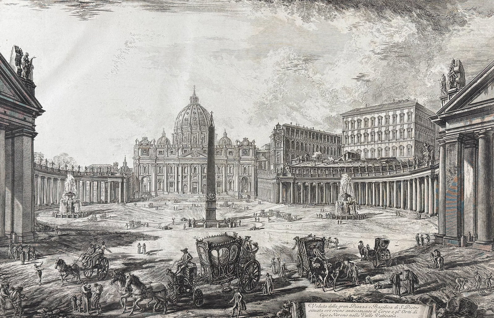 Piranesi, Folio - View of the great square and Basilica of St. Peter?s [Veduta della gran Piazza e: This extraordinary large folio etching is from Giovanni Battista Piranesi's "Vedute di Roma". This from a mixed edition of the work published in Rome & Paris likely published c1778 to early 1800s. The