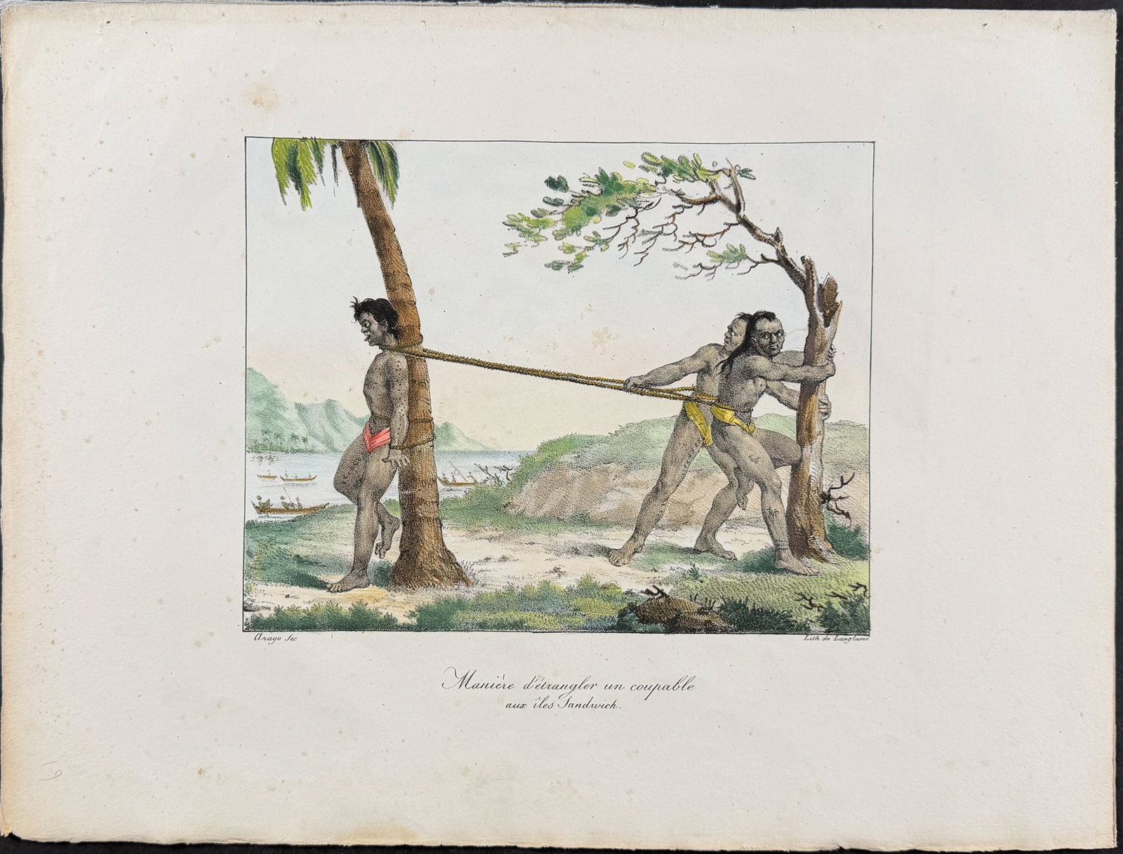 Arago, Hawaii - The Manner of strangling a culprit in the Sandwich Islands: This historic lithograph is from Jacques Arago's Promenade autour du monde, pendant les ann?es 1817, 1818, 1819 et 1820, sur les corvettes du roi l'Uranie et la Physicienne command?es par M. Freycinet