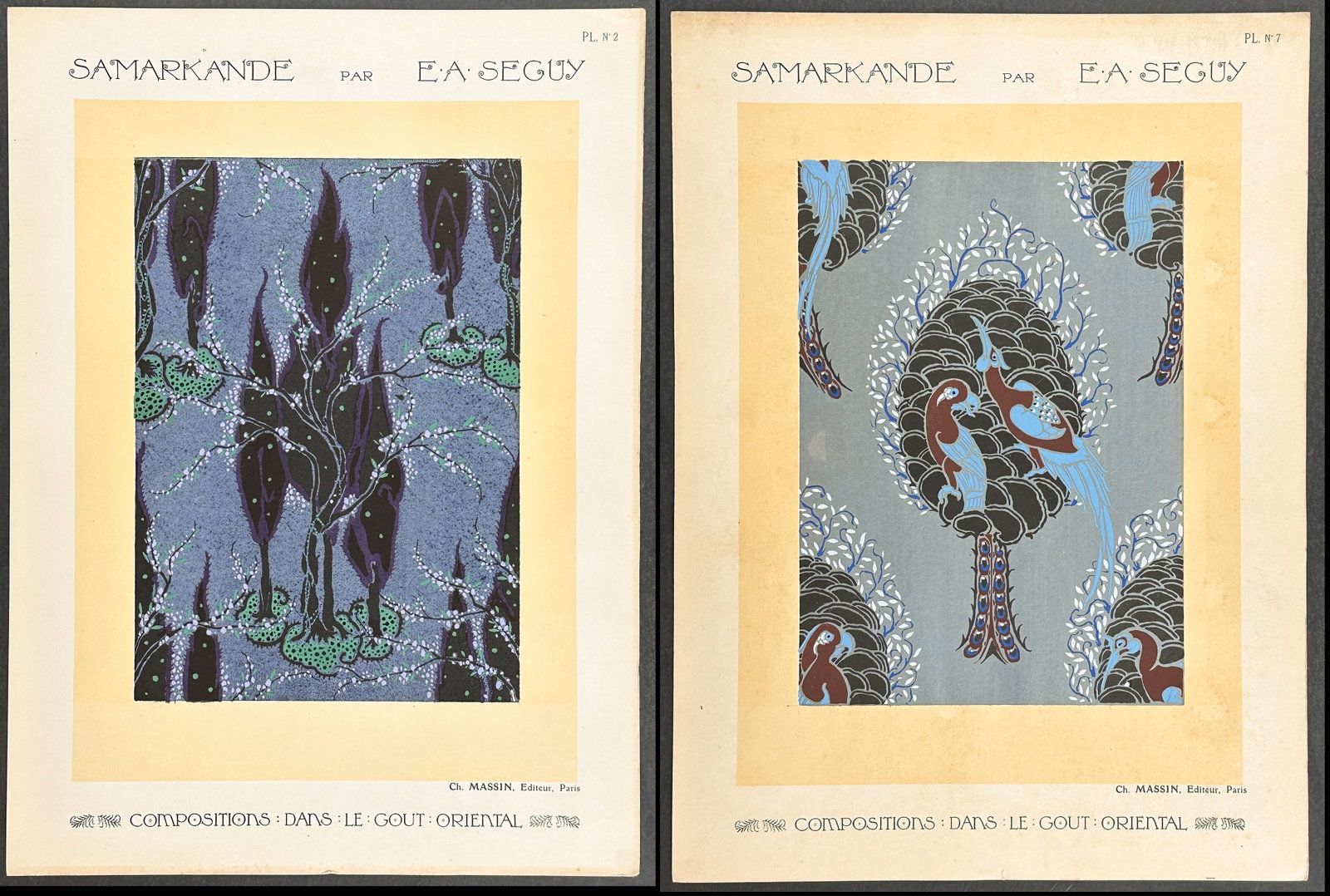 Seguy - Pair of Compositions with an Oriental Design: This stunning pochoir is from Emile-Allain Seguy?s Samarkande: 20 Compositions en couleurs dans le Style oriental. The work was published between 1920 and 1922 by Ch. Massin, editeur, in Paris. Emile-