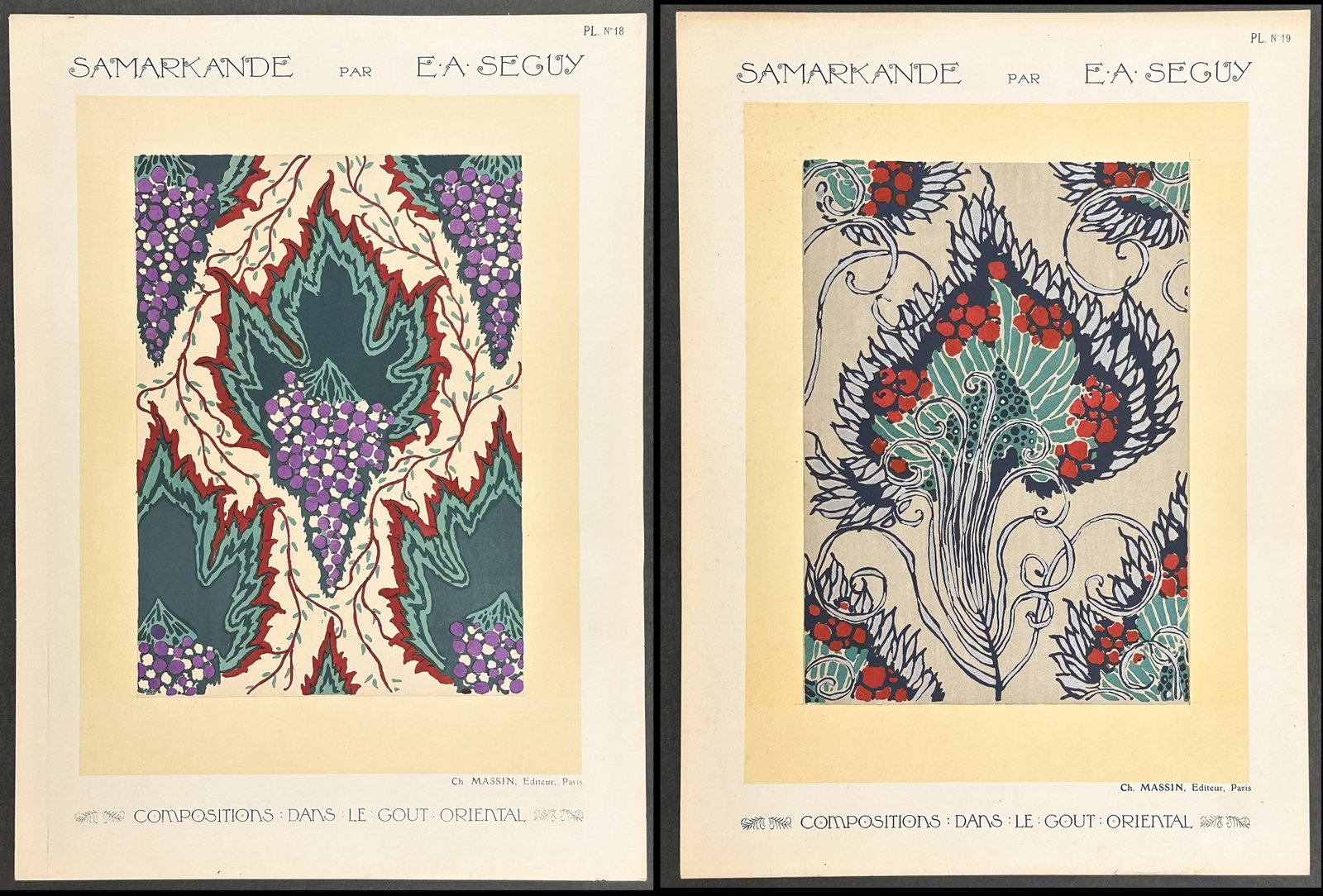 Seguy - Pair of Compositions with an Oriental Design: This stunning pochoir is from Emile-Allain Seguy?s Samarkande: 20 Compositions en couleurs dans le Style oriental. The work was published between 1920 and 1922 by Ch. Massin, editeur, in Paris. Emile-