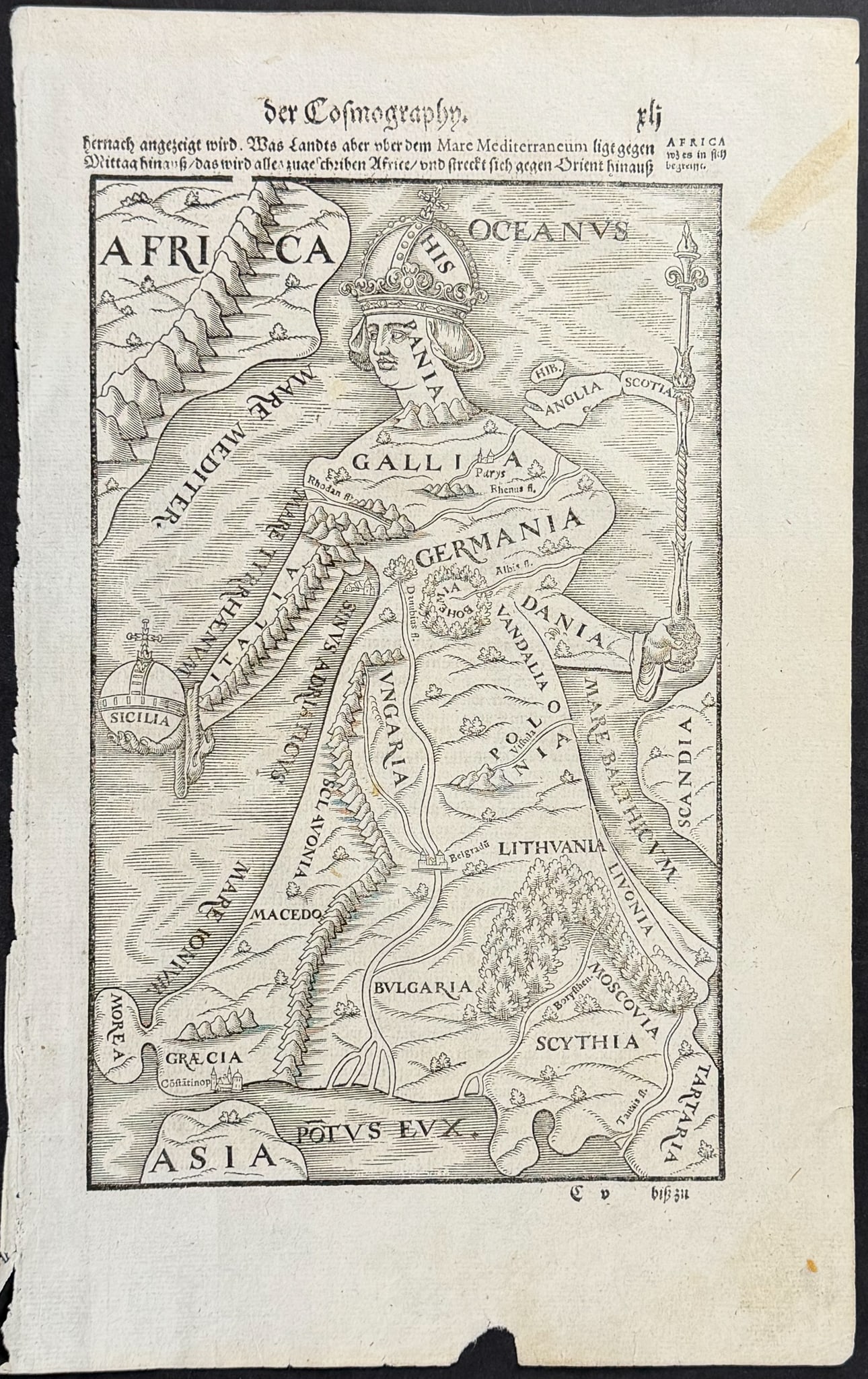 Munster, pub. 1592 - Map of Europe; Europa Regina; Queen Europe: This very old woodcut is from Sebastian Munster's Cosmographia Universalis or Cosmographey: das ist Beschreibung aller Lander [...] The work was published in Basel in 1592 by Heinrich Petri. The work 