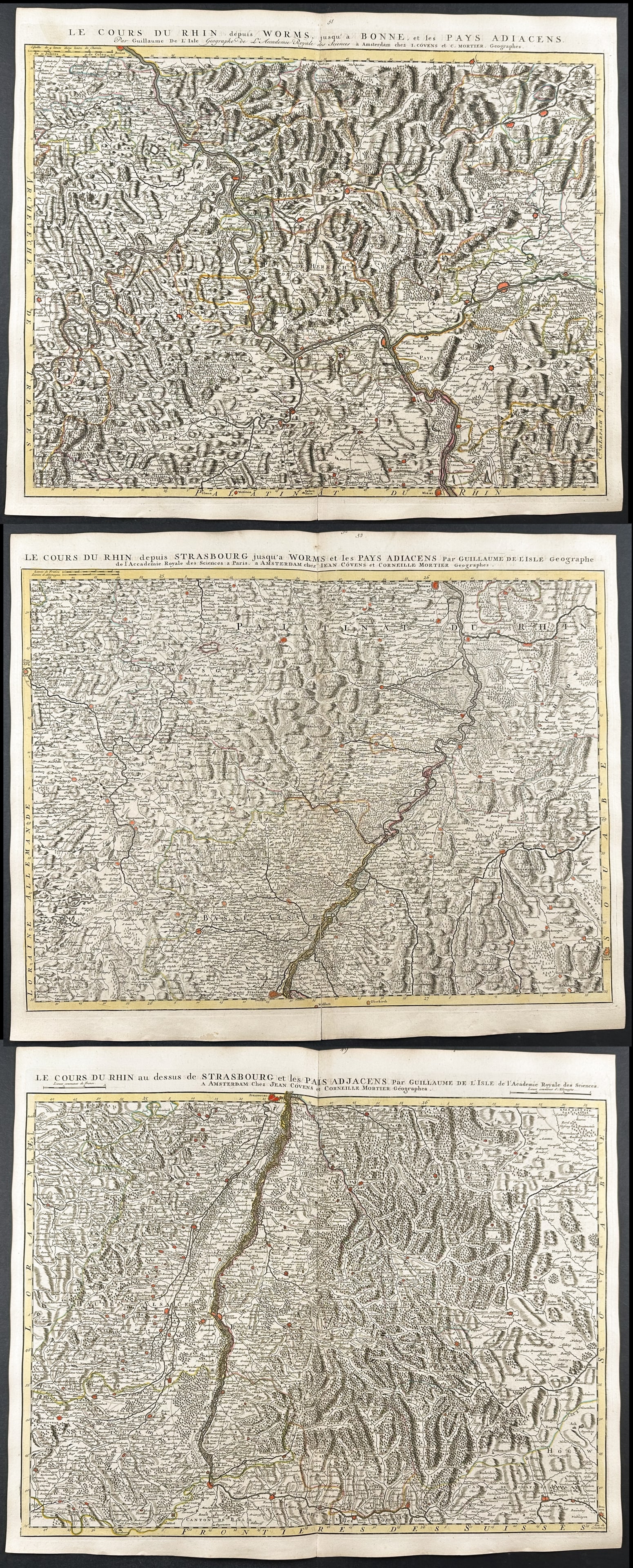 De L'Isle - Group of 3 Maps of the Rhine: This historic map with original outline color is from Guillaume de l'Isle (Delisle)'s atlas entitled New atlas containing all the parts of the world, where the Empires, Monarchies, Kingdoms, States, R