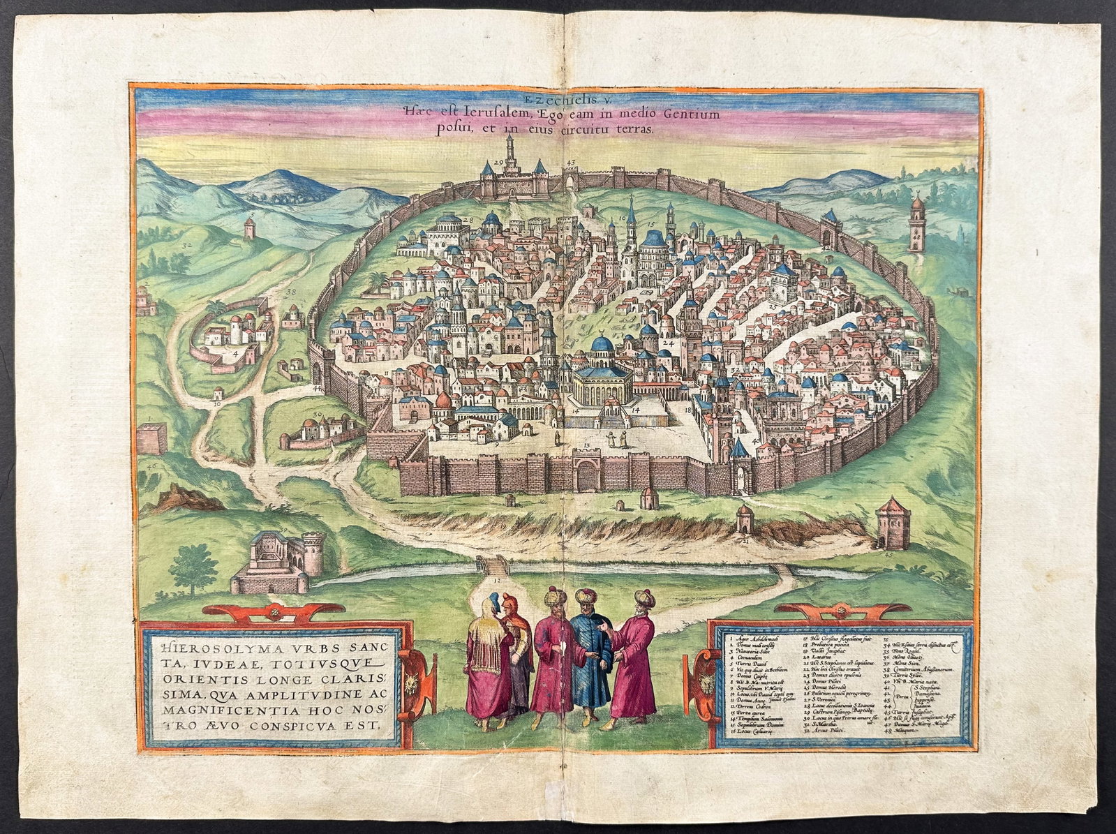 Braun & Hogenberg, pub. 1575 - View of Jerusalem, Israel: This extraordinary engraving is from Georg Braun & Frans Hogenberg's Civitates Orbis Terrarum or Atlas of the Cities of the World. The work was published in Augsburg in 1575. It is considered the grea