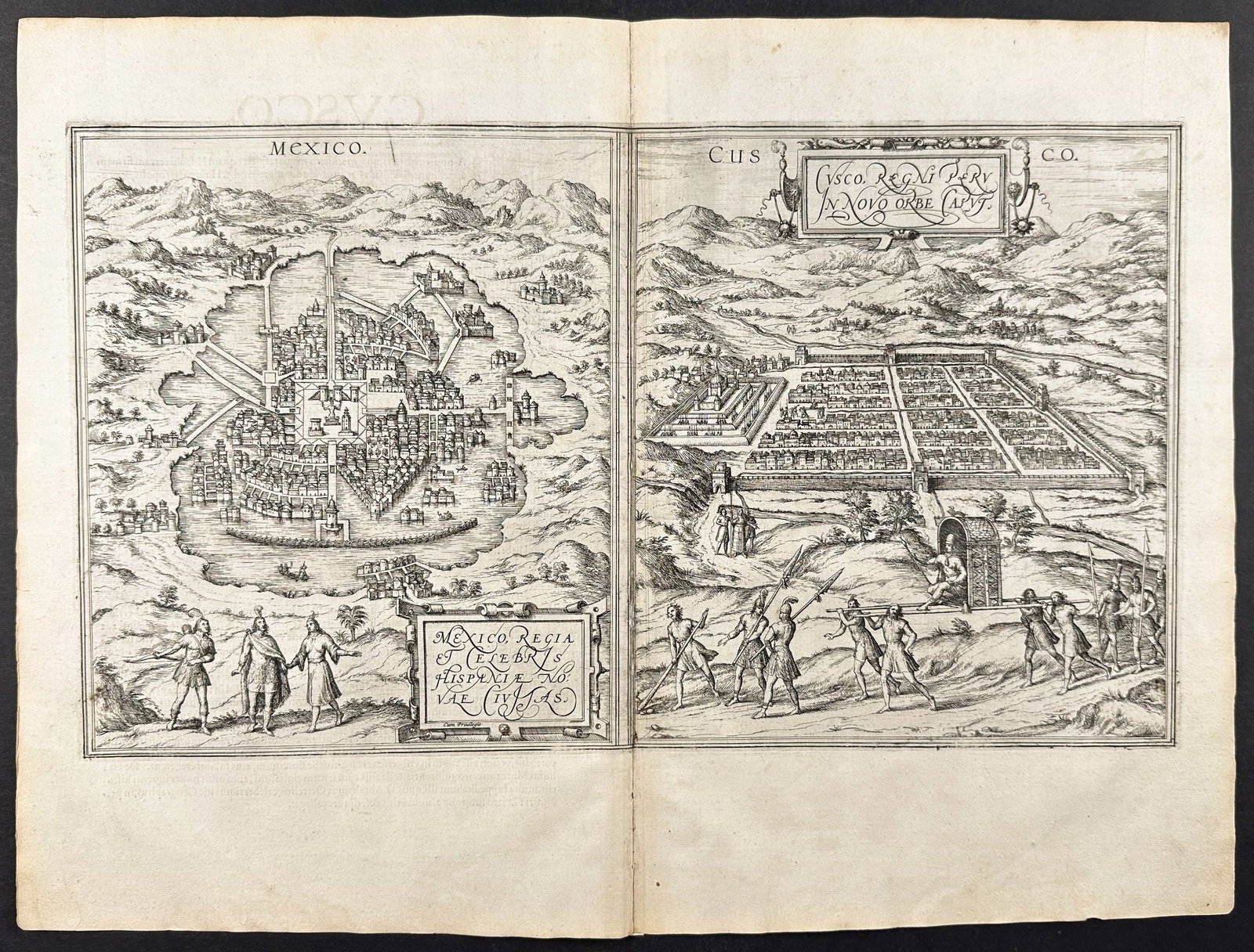 Braun & Hogenberg, pub. 1575 - View of Cusco, Peru and Mexico: This extraordinary engraving is from Georg Braun & Frans Hogenberg's Civitates Orbis Terrarum or Atlas of the Cities of the World. The work was published in Augsburg in 1575. It is considered the