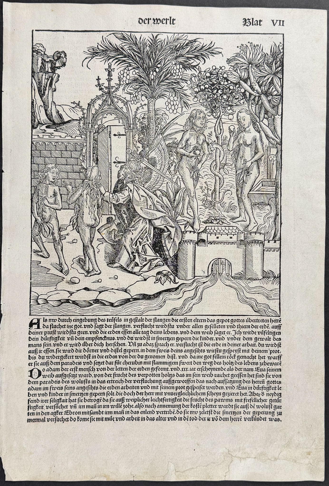 Schedel, pub. 1493 - Expulsion of Adam & Eve from the Garden of Eden (Illustrated by Michael: This important and historic engraving is from Hartmann Schedel Liber Chronicarum, more commonly known as the Nuremberg Chronicle (in German: Das Buch der Croniken und Geschichten. This is from the fir