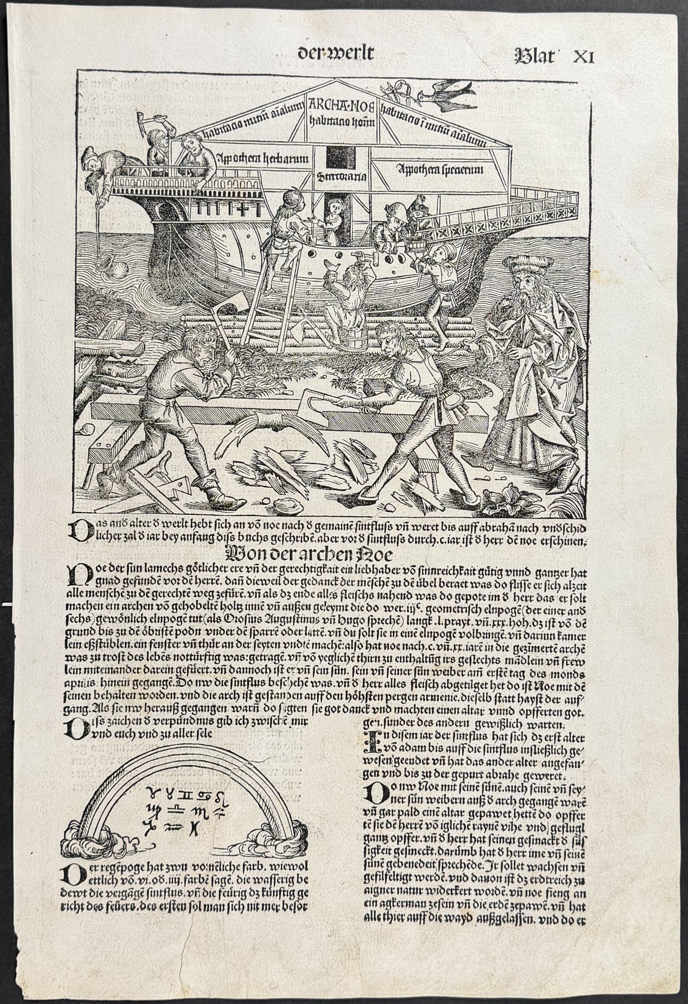 Schedel, pub. 1493 - Building Noah's Ark, Rainbow: This important and historic engraving is from Hartmann Schedel Liber Chronicarum, more commonly known as the Nuremberg Chronicle (in German: Das Buch der Croniken und Geschichten. This is from the fir